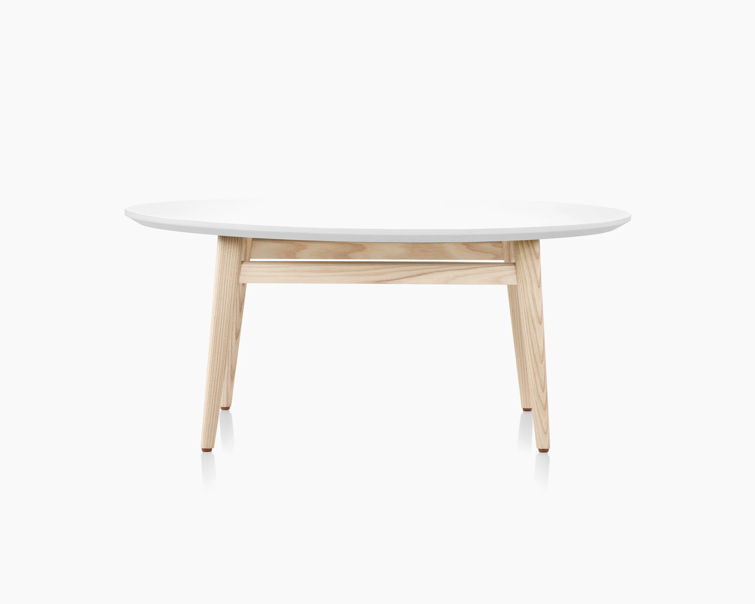 Palisade Occasional Table with wood legs and solid surface top on white sweep.