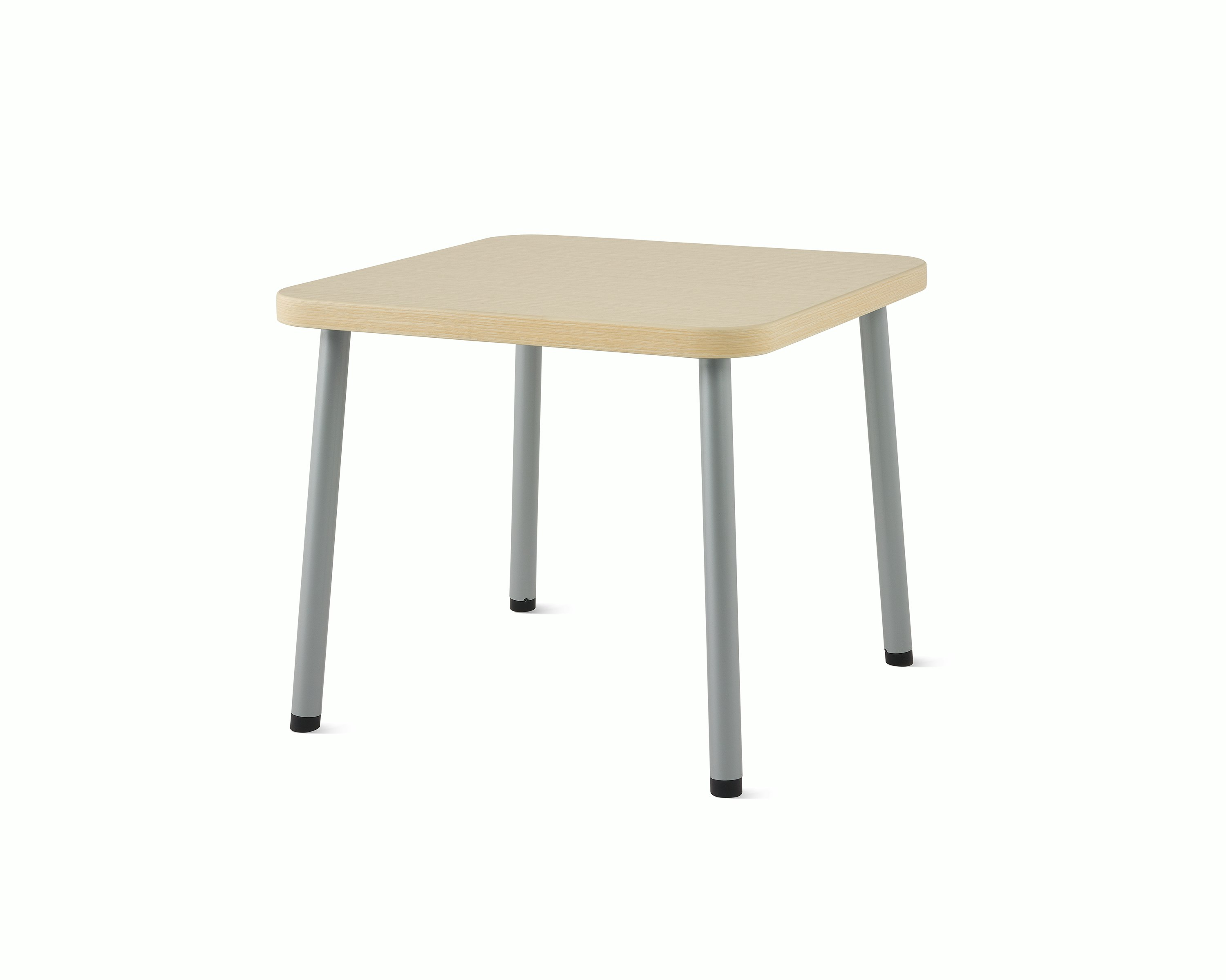 Three-quarter view of a square Valor side table with an ash wood laminate finish and silver legs.