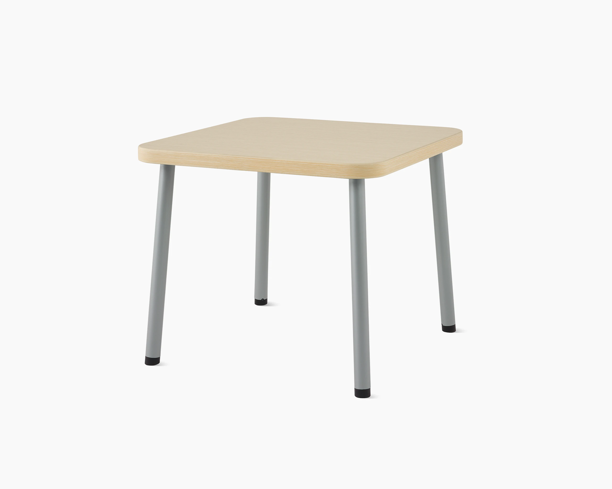 Three-quarter view of a square Valor side table with an ash wood laminate finish and silver legs.