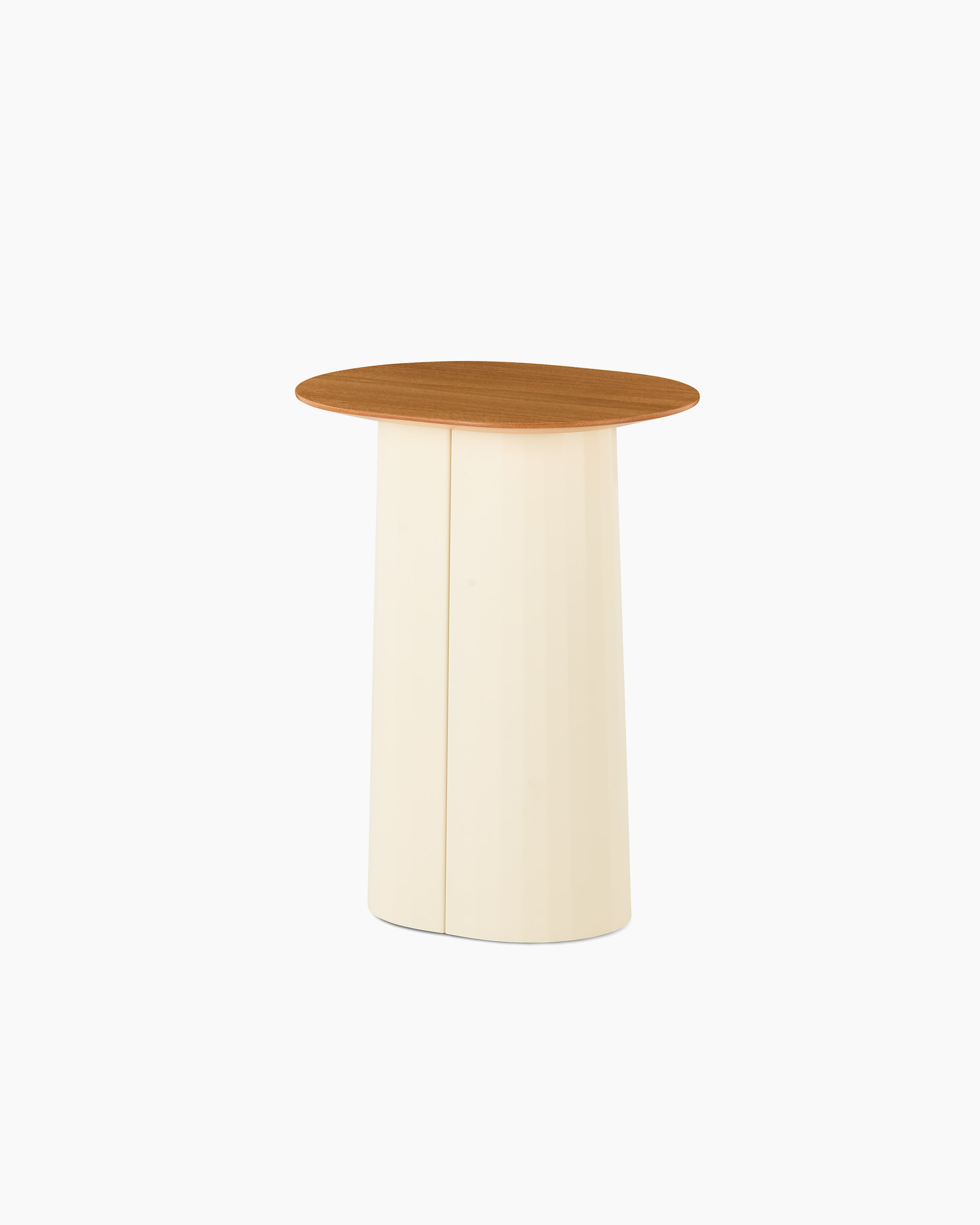 A front angled view of Tun Side Table with oyster metal base and oak table top.