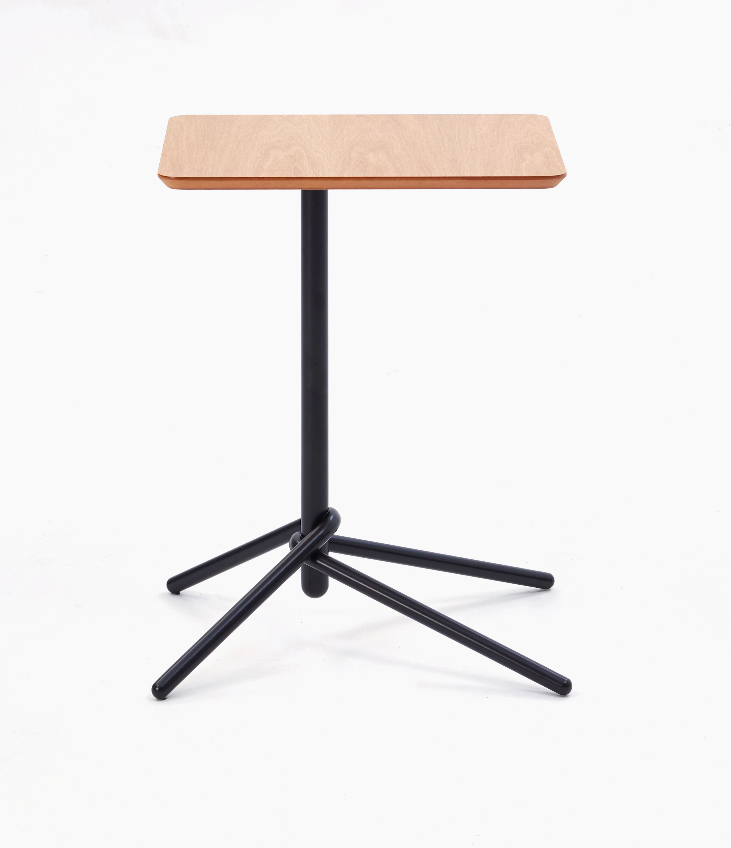 A naughtone rectangular Knot Side Table with an oak veneer top and black base, viewed from the side.