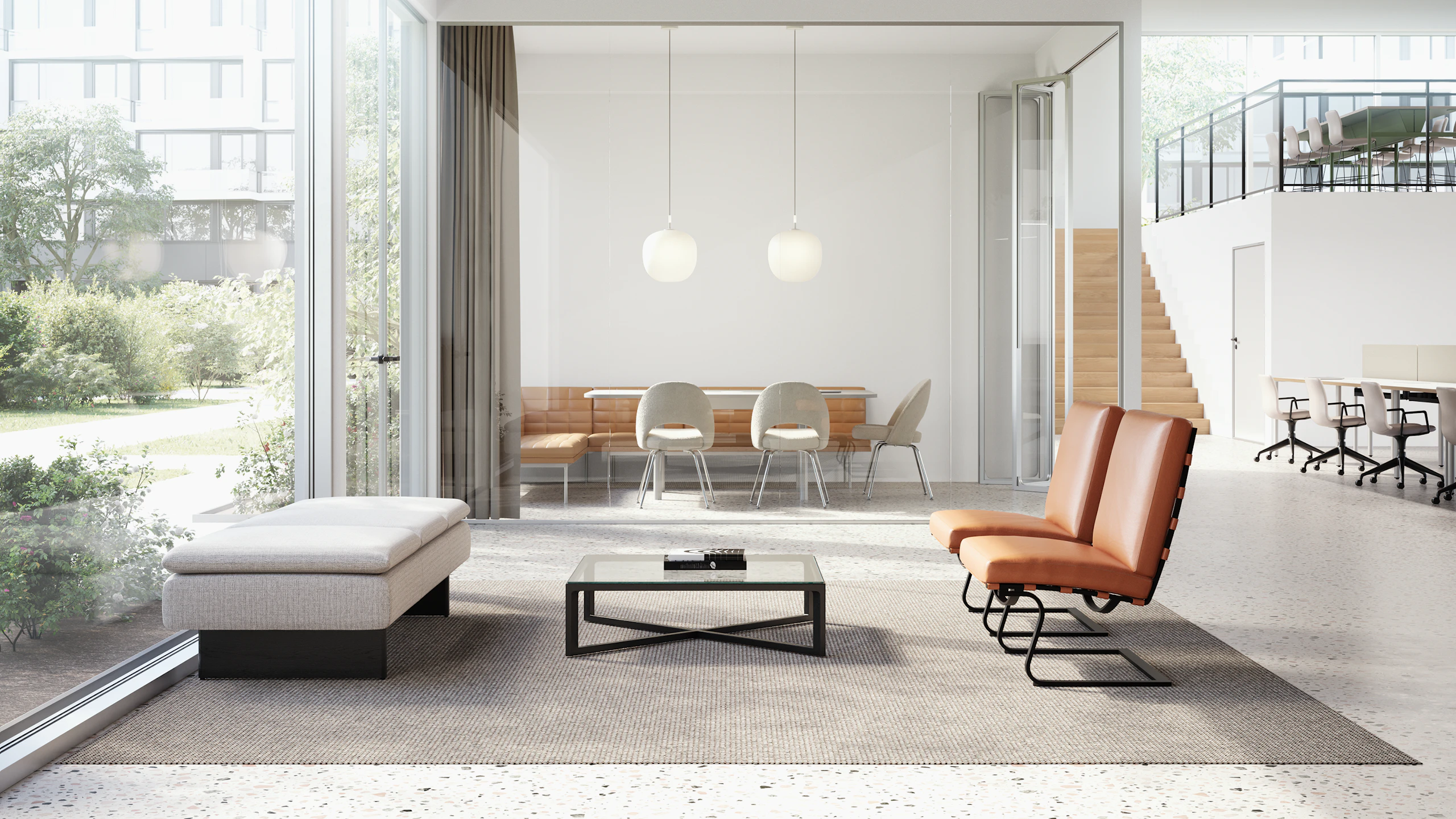 Two Tugendhat Chairs in brown leather positioned in an waiting area outside a conference room.