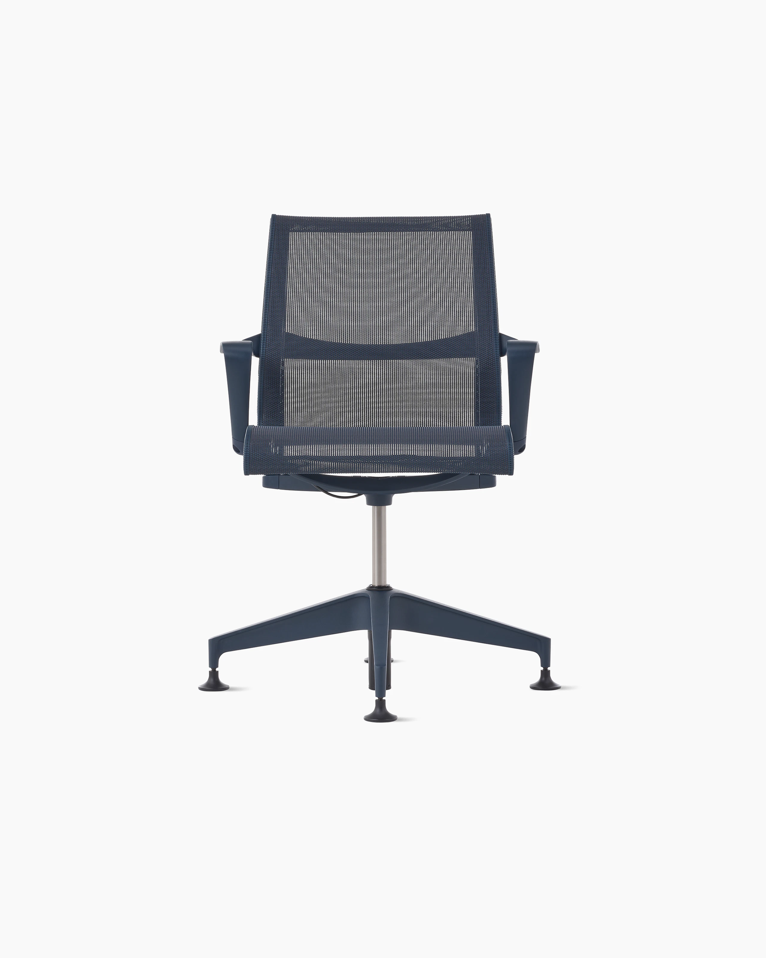Front view of a Setu side chair with fixed arms in dark blue.