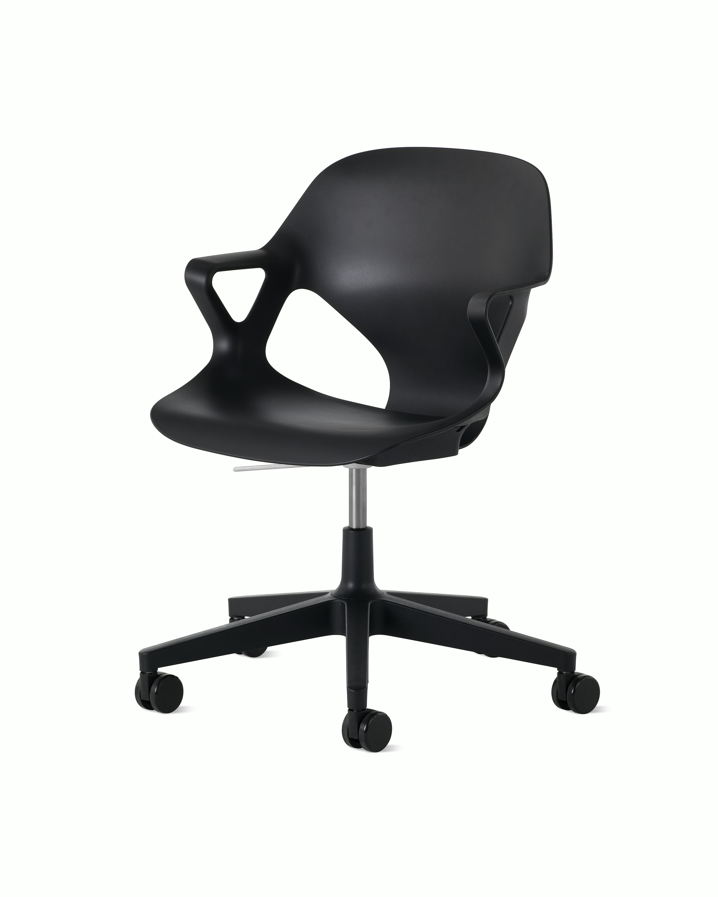 Front angle view of a Zeph chair with fixed arms in black.