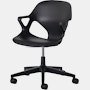 Front angle view of a Zeph chair with fixed arms in black.