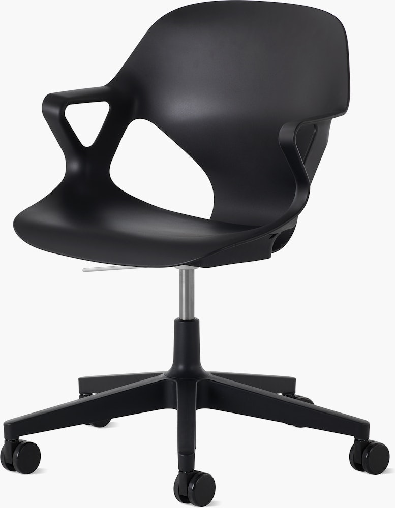 Front angle view of a Zeph chair with fixed arms in black.