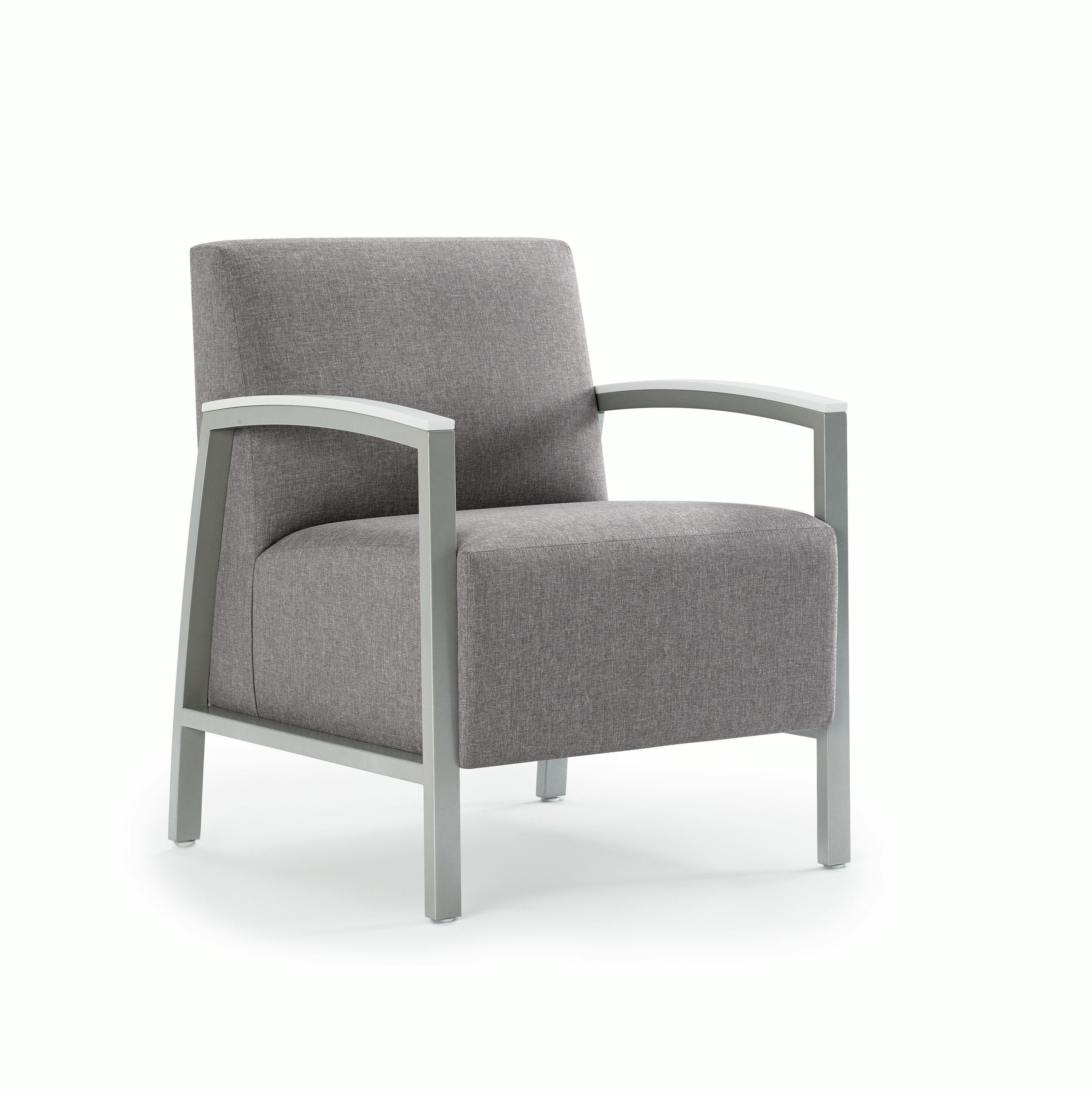 Front three-quarter view of a gray Brava modern lounge chair with solid surface arm caps.