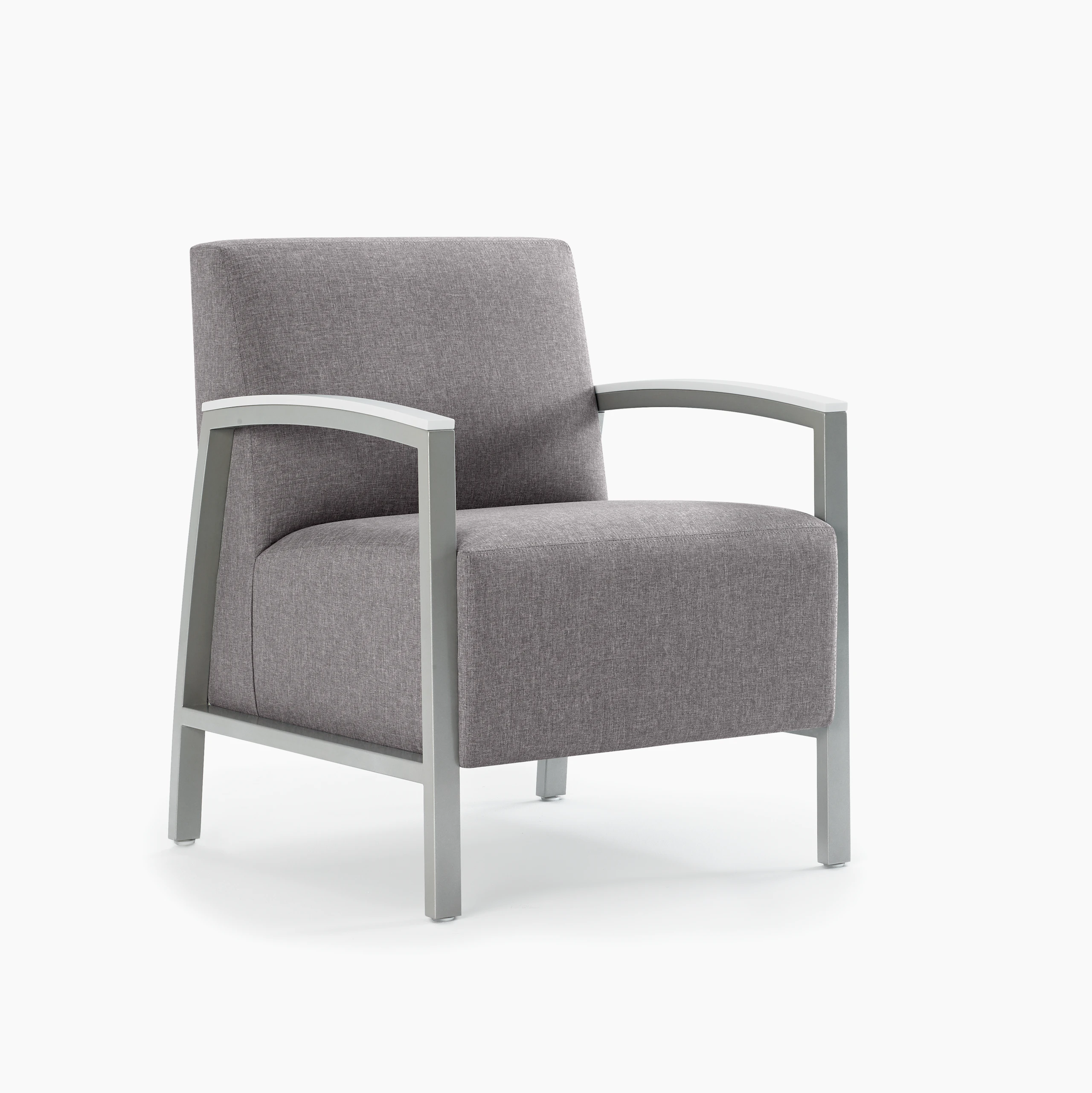 Front three-quarter view of a gray Brava modern lounge chair with solid surface arm caps.