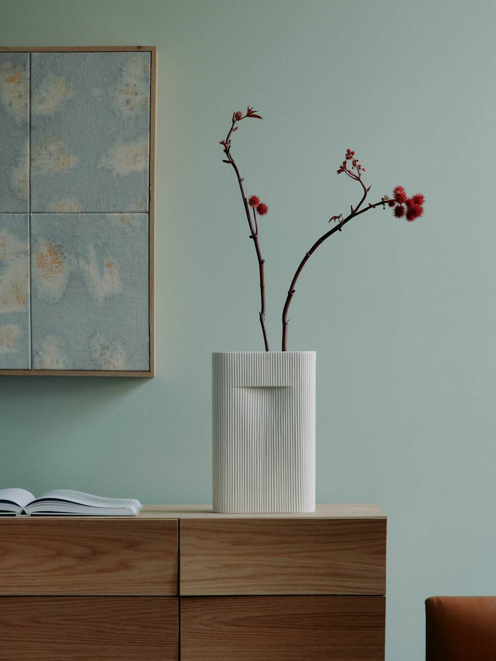Ridge Vase in White on Reflect Sideboard in Oak