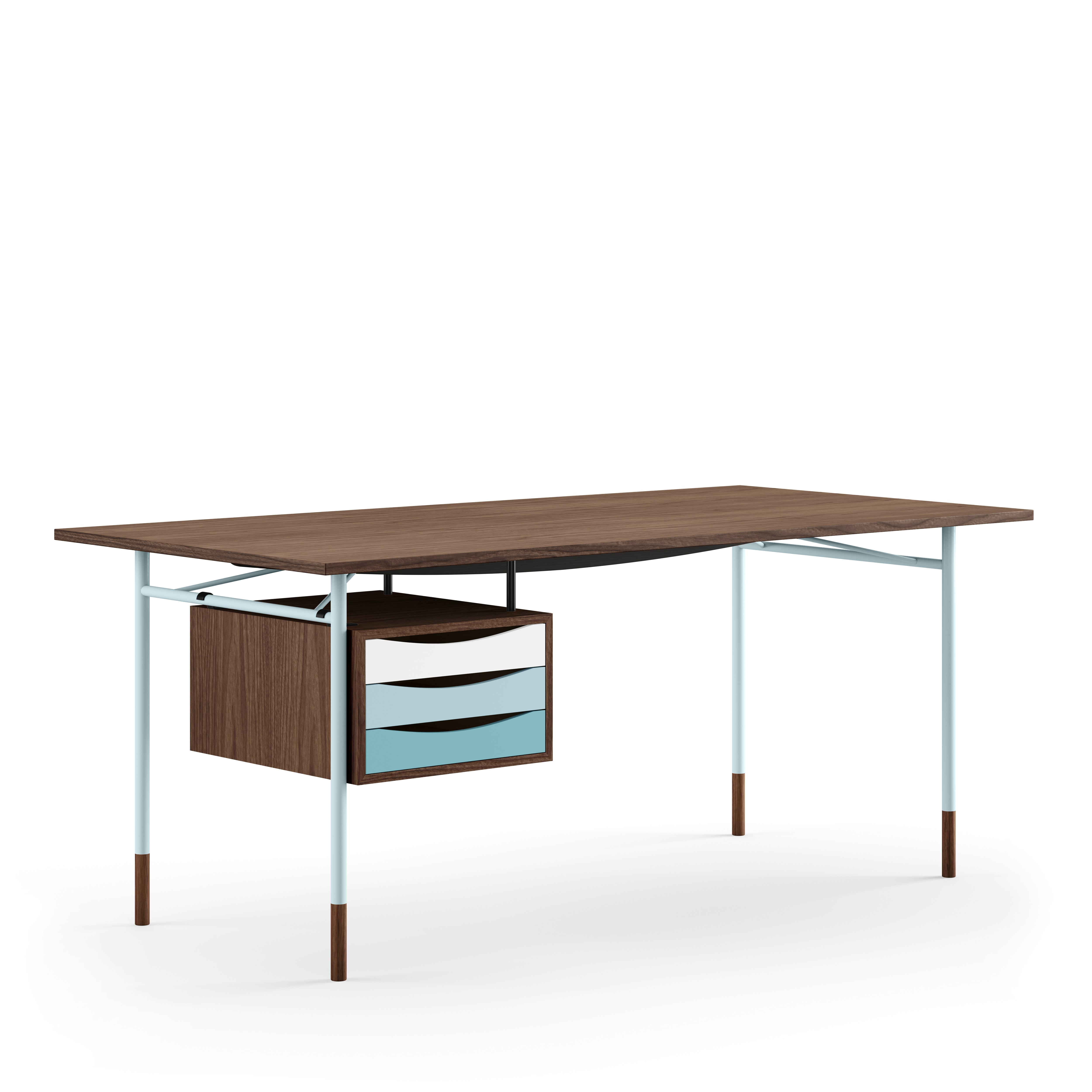 Nyhavn Desk - Walnut, Light Blue, Cool Drawer