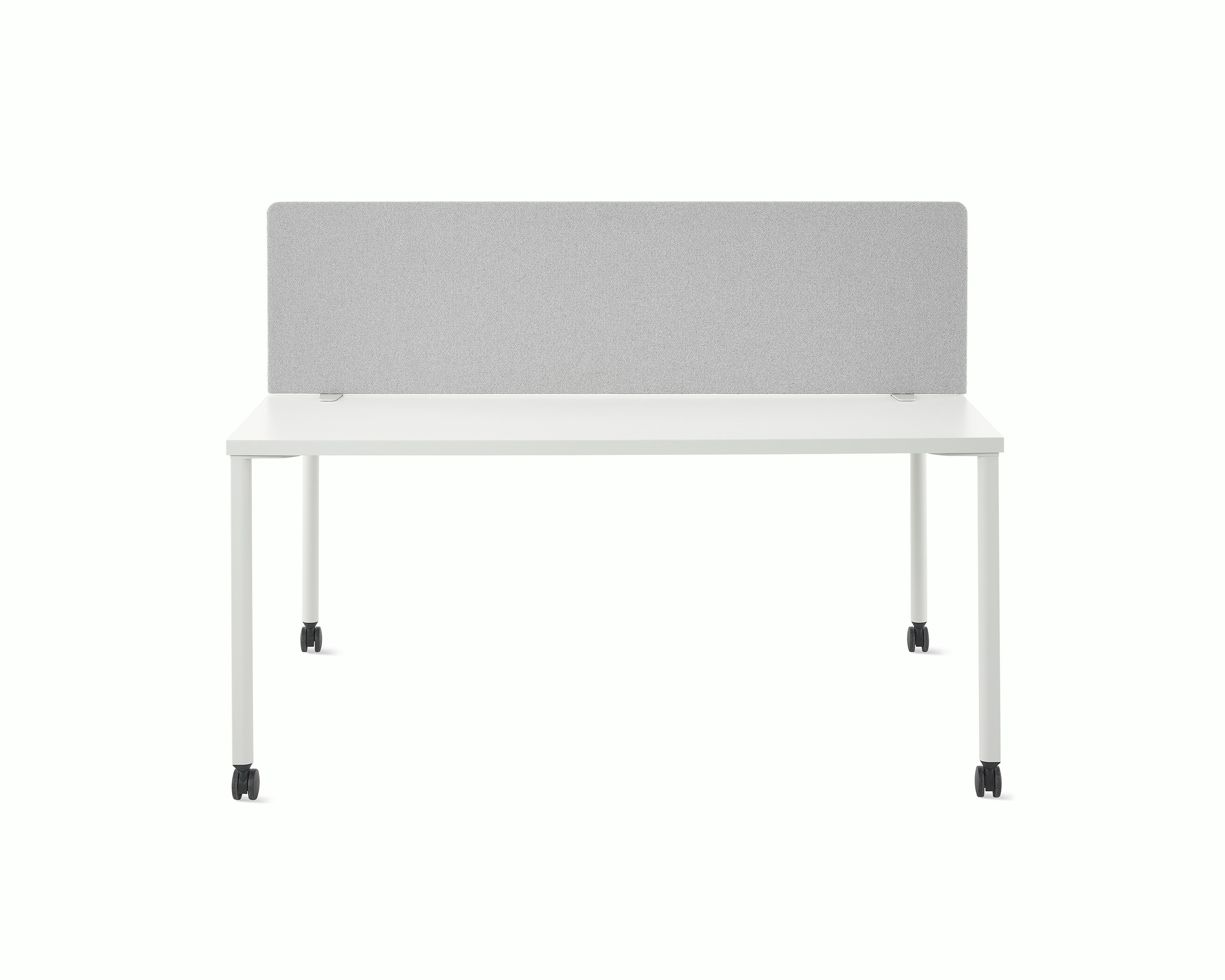 A grey OE1 Movable Screen on a white OE1 Project Table, viewed from the front.