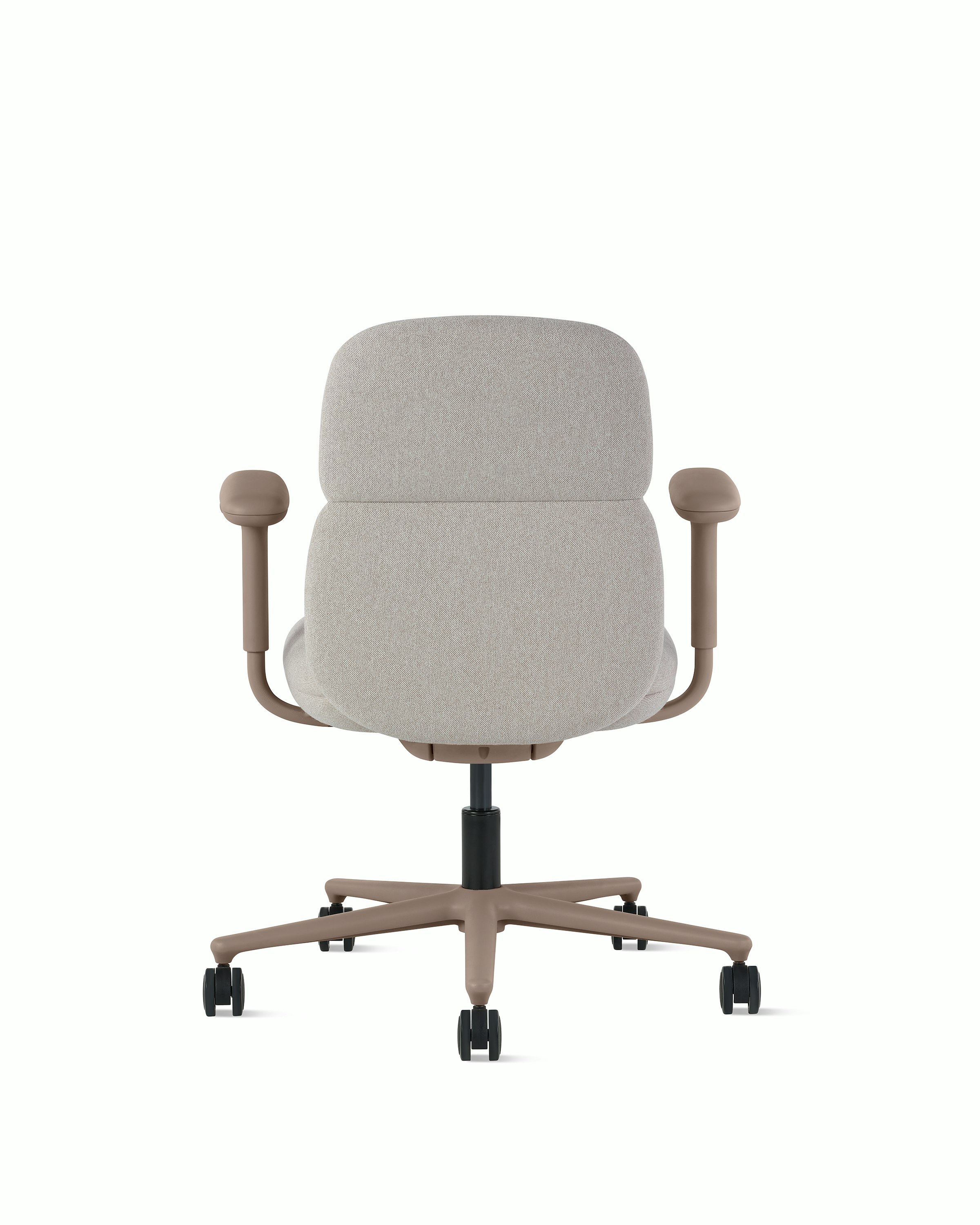 Rear view of a mid-back Asari chair by Herman Miller in light brown with height adjustable arms.