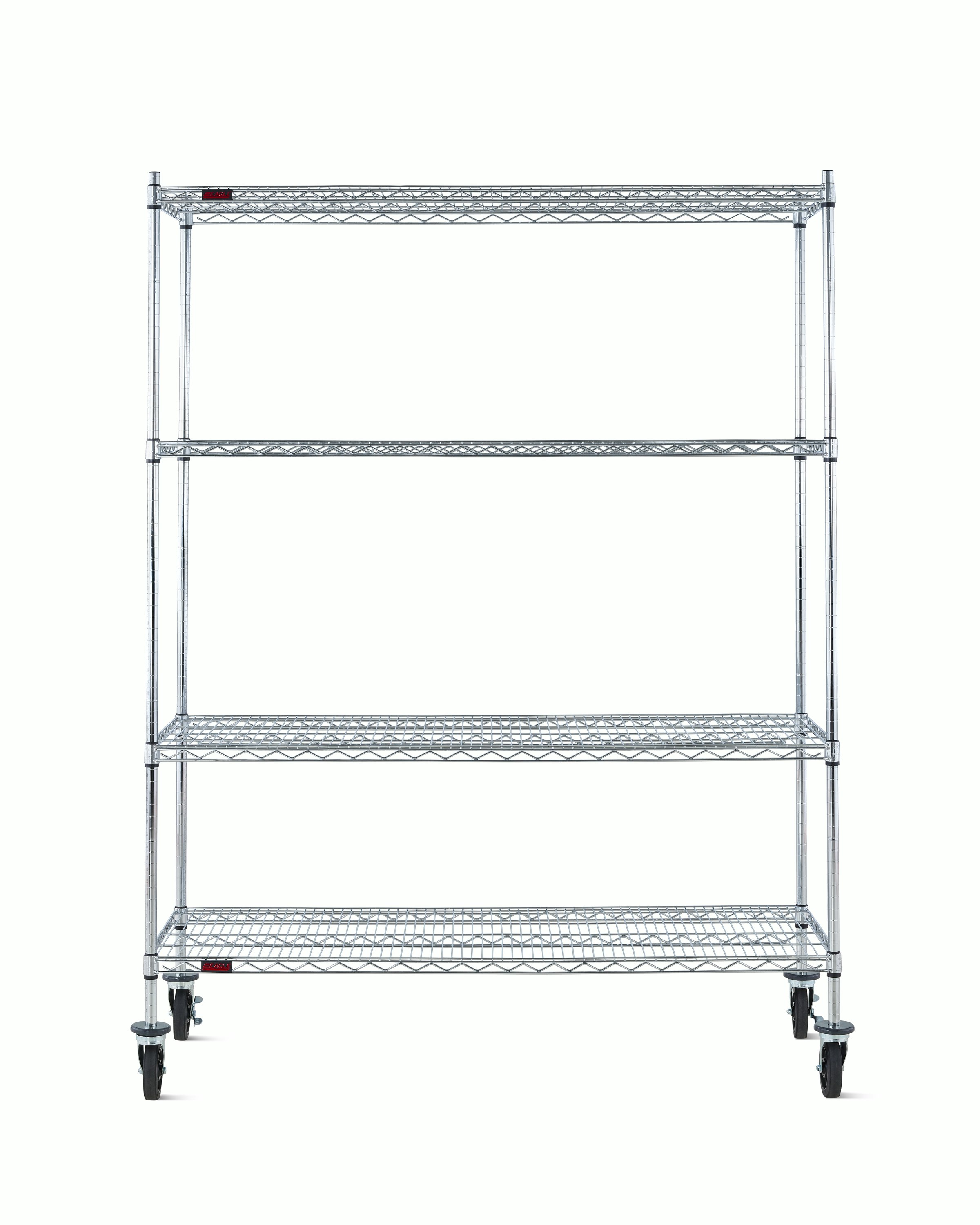 Front view of a wire shelving storage unit on casters with four shelves.