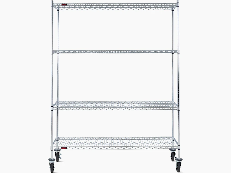 Front view of a wire shelving storage unit on casters with four shelves.