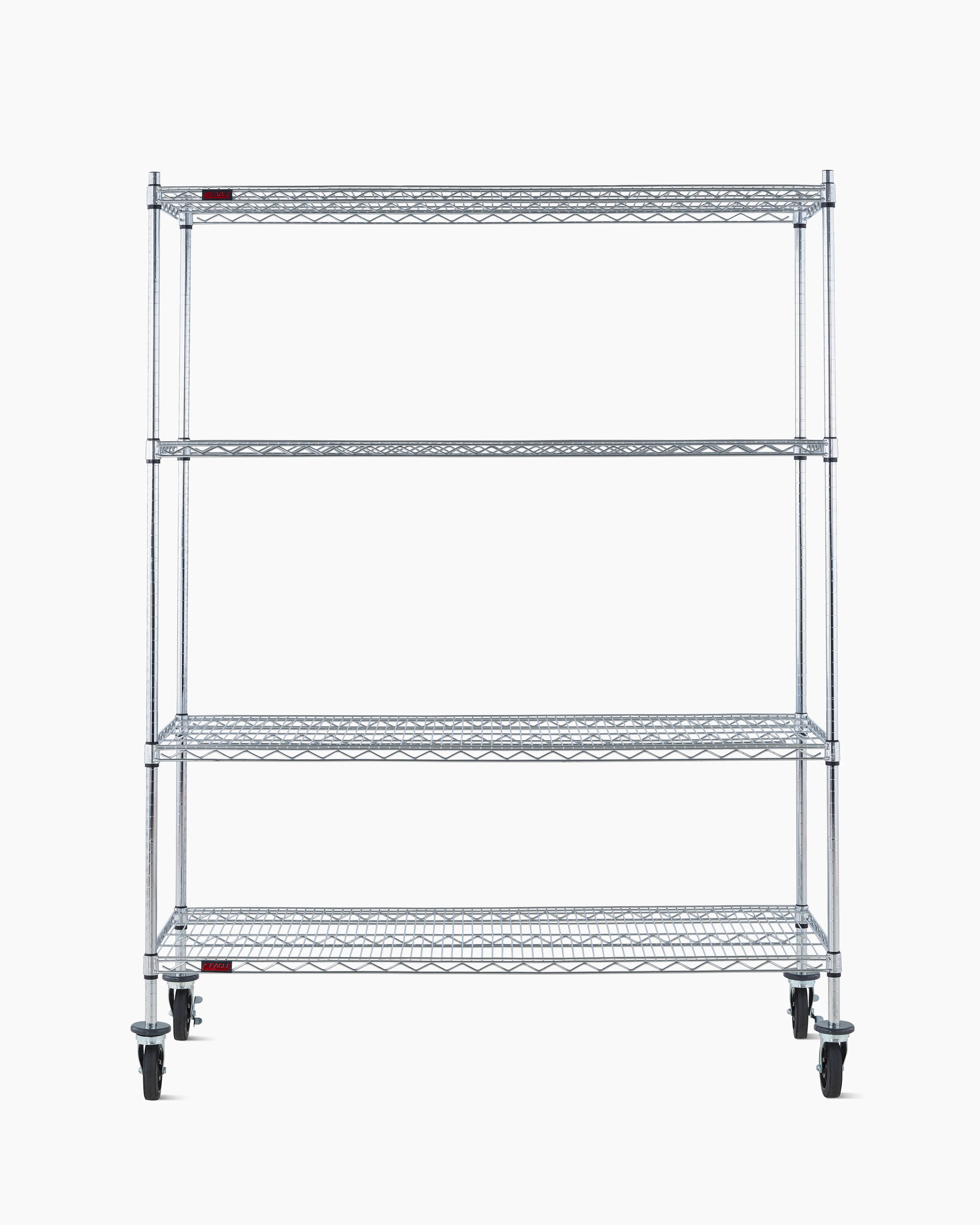 Front view of a wire shelving storage unit on casters with four shelves.