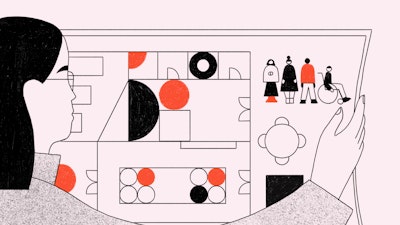 Artistic interpretation of an architect holding floorplans for a furniture installation, with pink, black and red shapes representing office settings. A diverse representation of people in the top right corner.