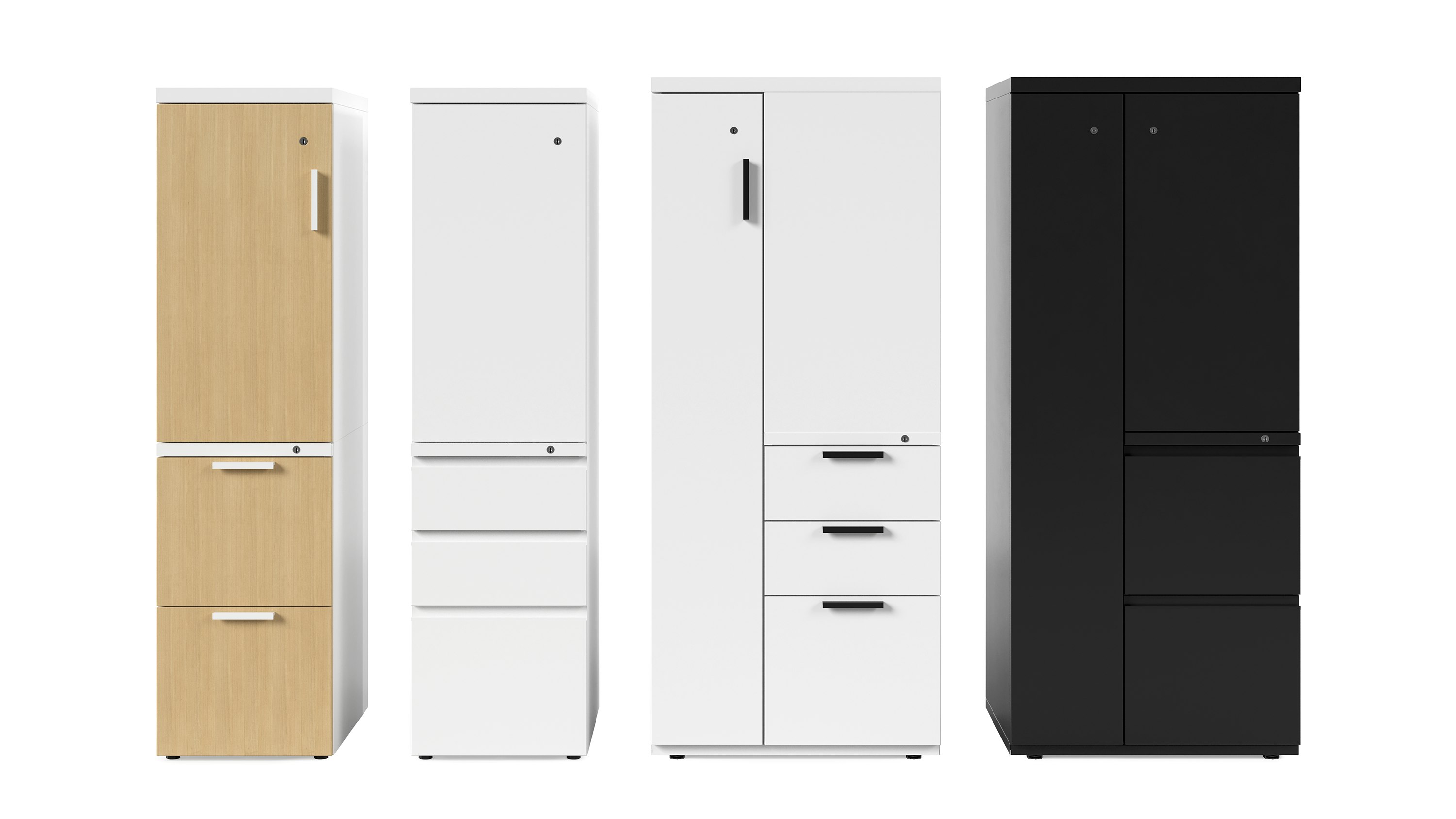 Four white, brown and black Series 2 storage towers with various pull types, viewed from the front.