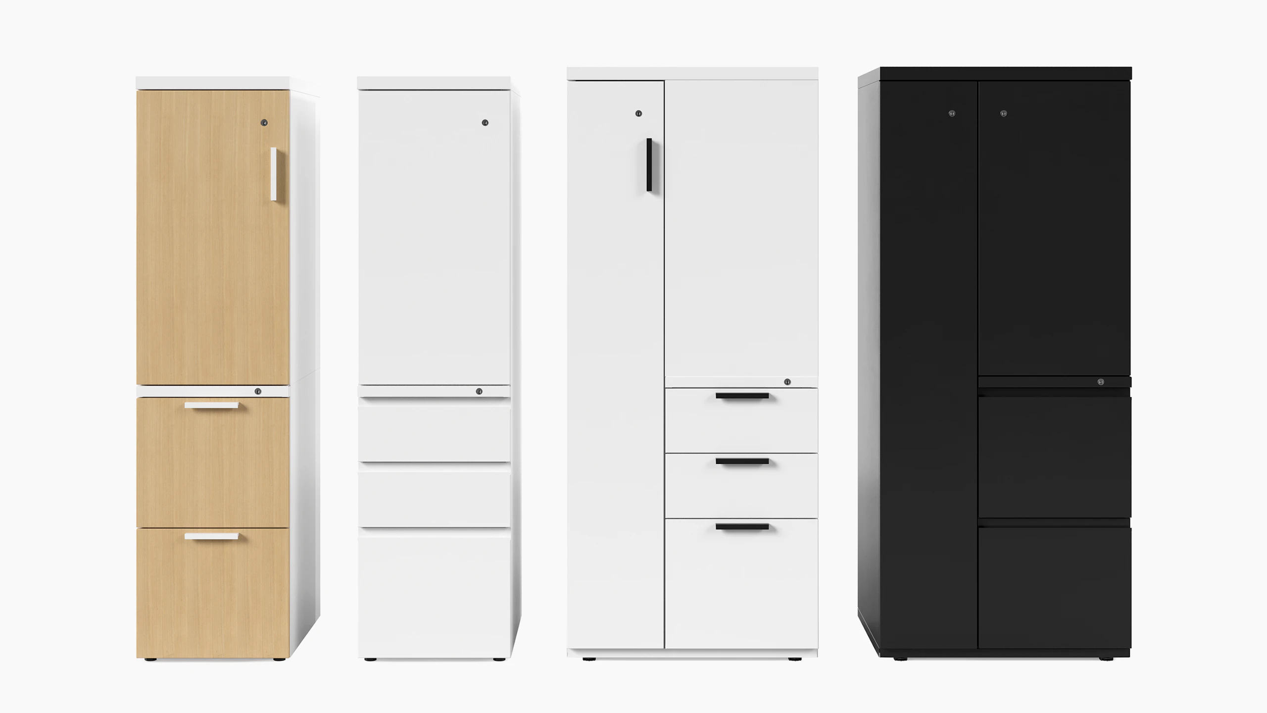 Four white, brown and black Series 2 storage towers with various pull types, viewed from the front.