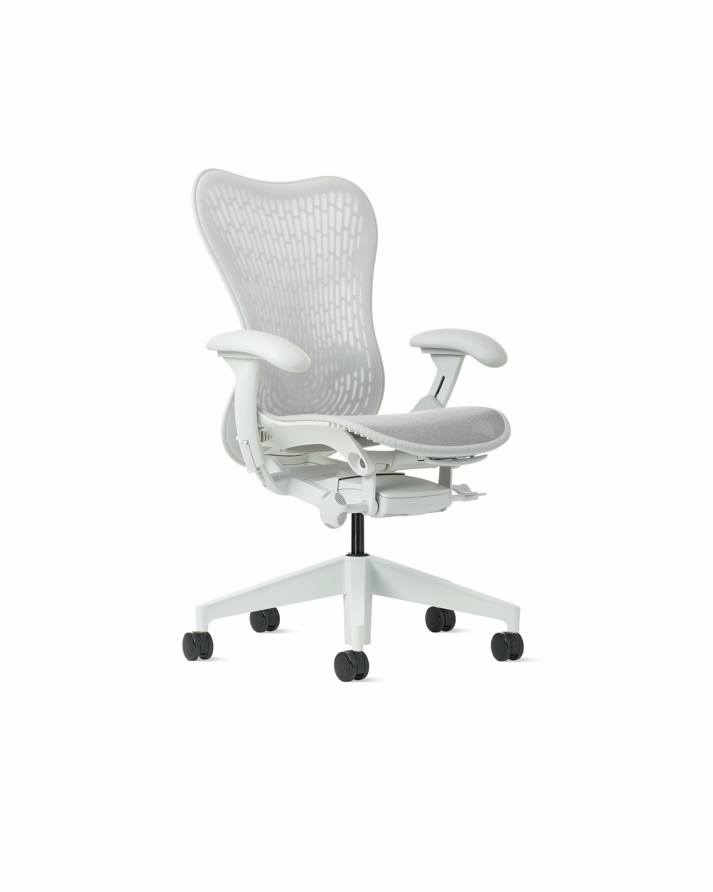 Front angle view of a Mirra 2 chair with a Butterfly back in alpine and a silver alloy base.