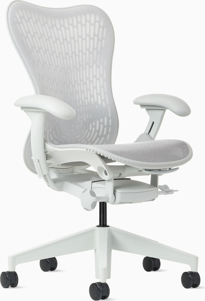 Front angle view of a Mirra 2 chair with a Butterfly back in alpine and a silver alloy base.