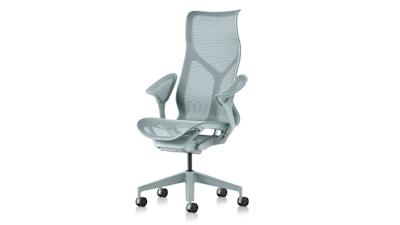 A front 3/4 view of a glacier high-back Cosm Chair by Herman Miller