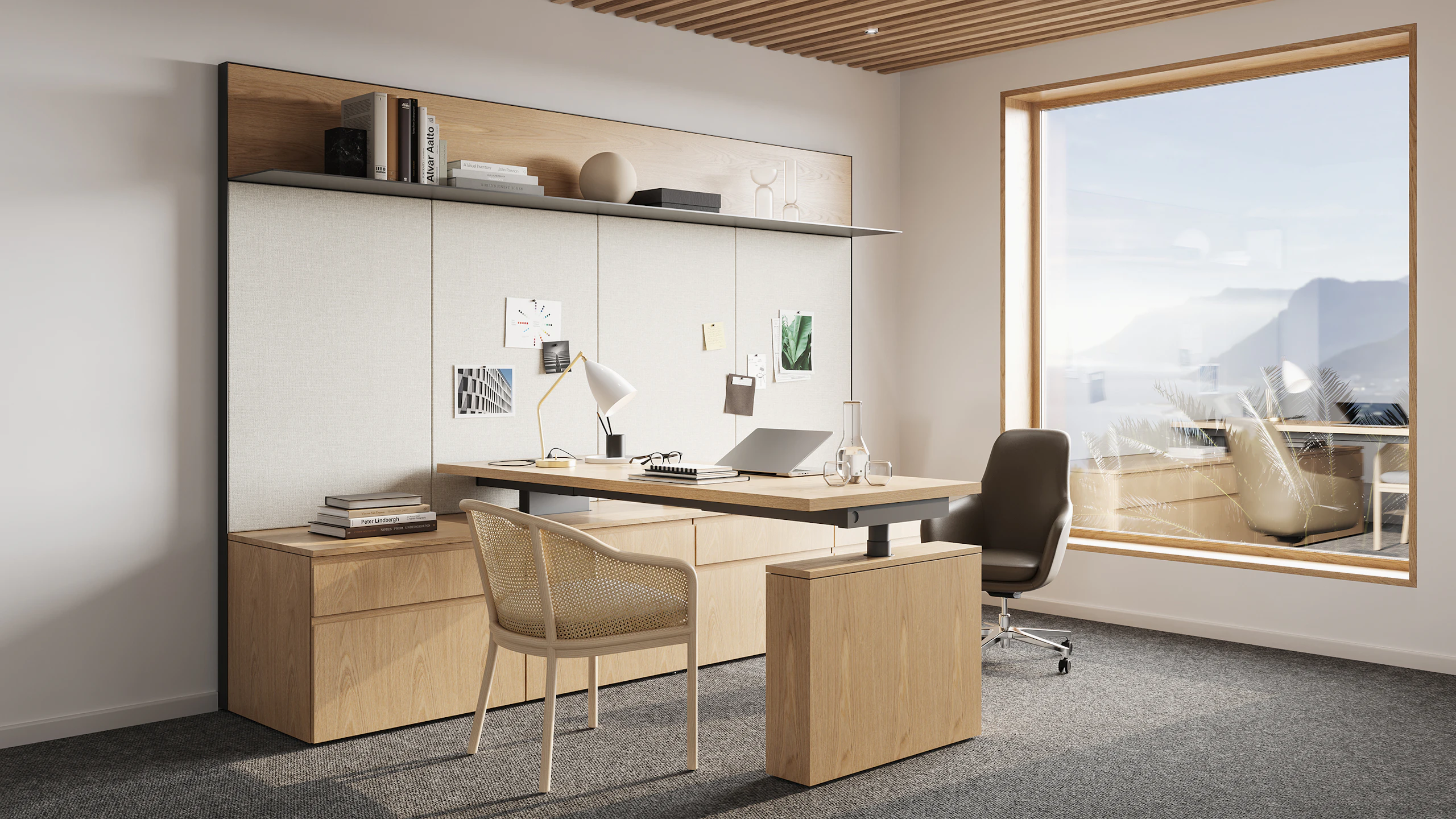 Geiger One Private Office, Rendering PO4, in Natural Oak with Saiba Chair and Landmark Guest Seating..