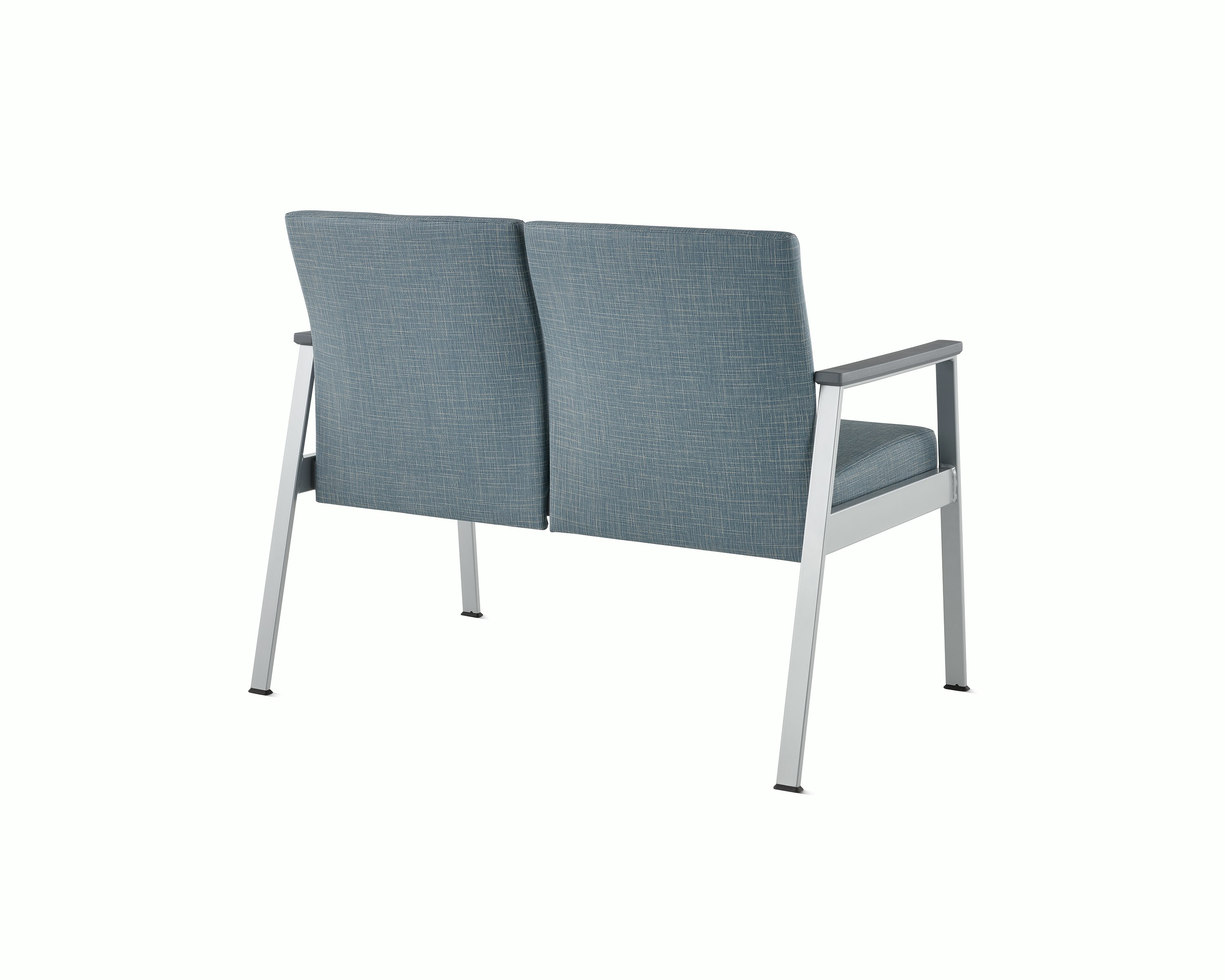 Rear angle view of Easton Multiple Seating with two seats, blue upholstery, metallic silver frame and grey arm caps.