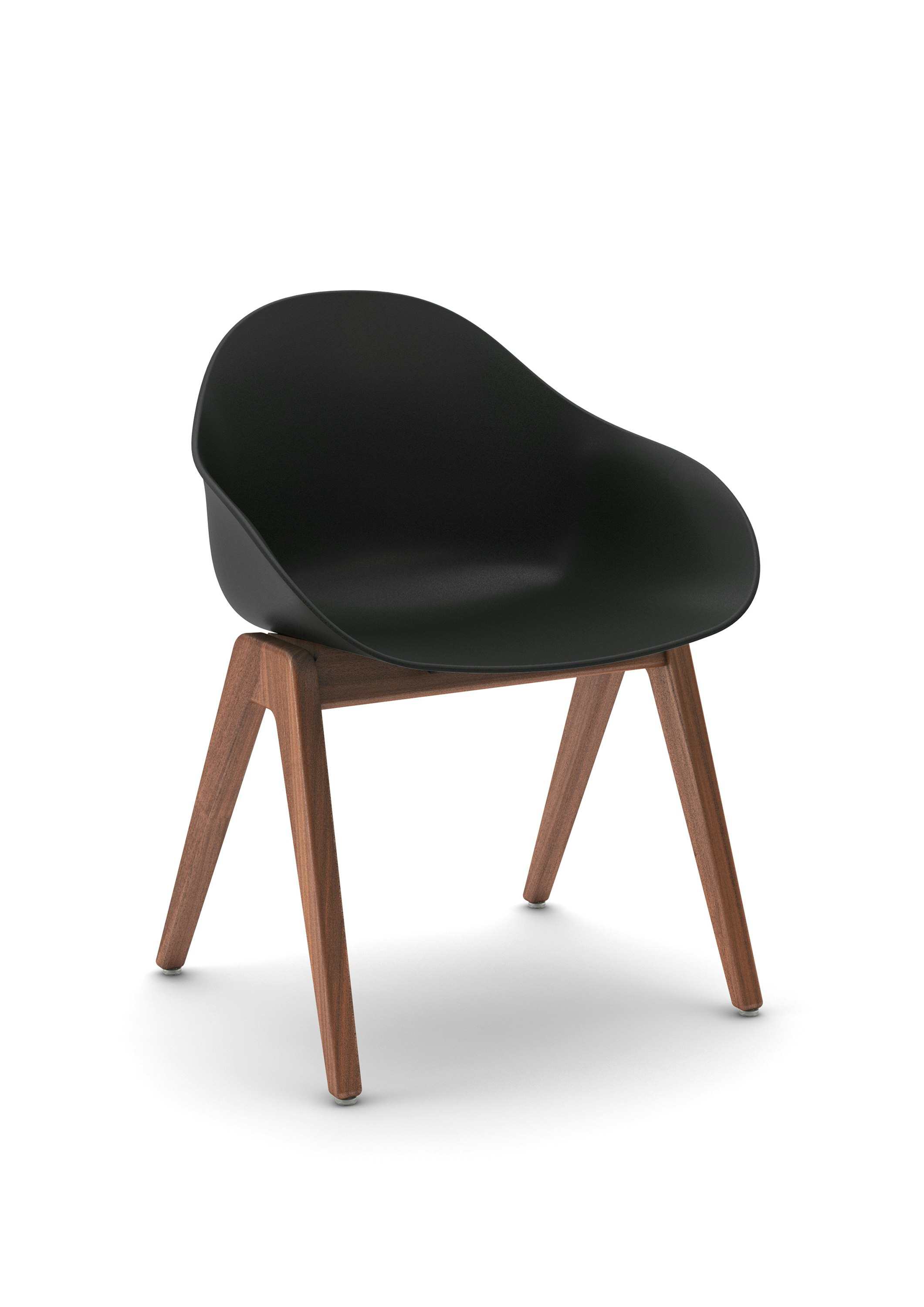 Three-quarter view of a black Ruby Wood Chair with walnut legs.