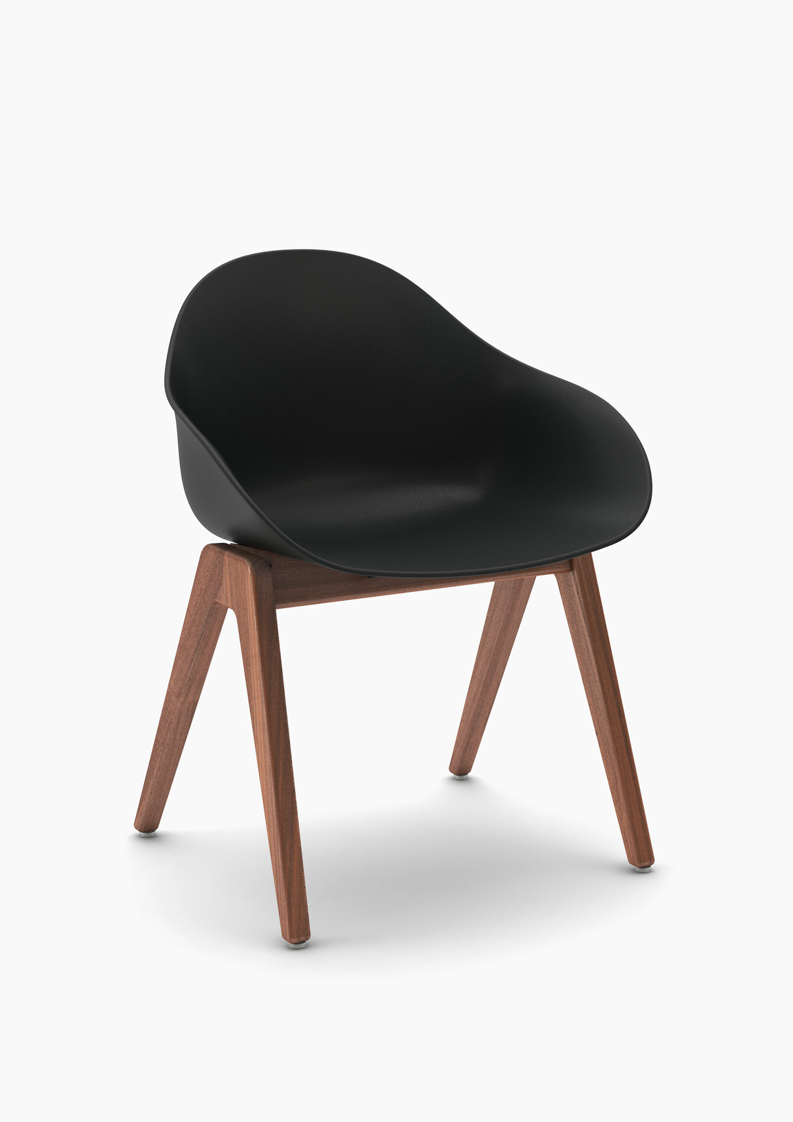 Three-quarter view of a black Ruby Wood Chair with walnut legs.