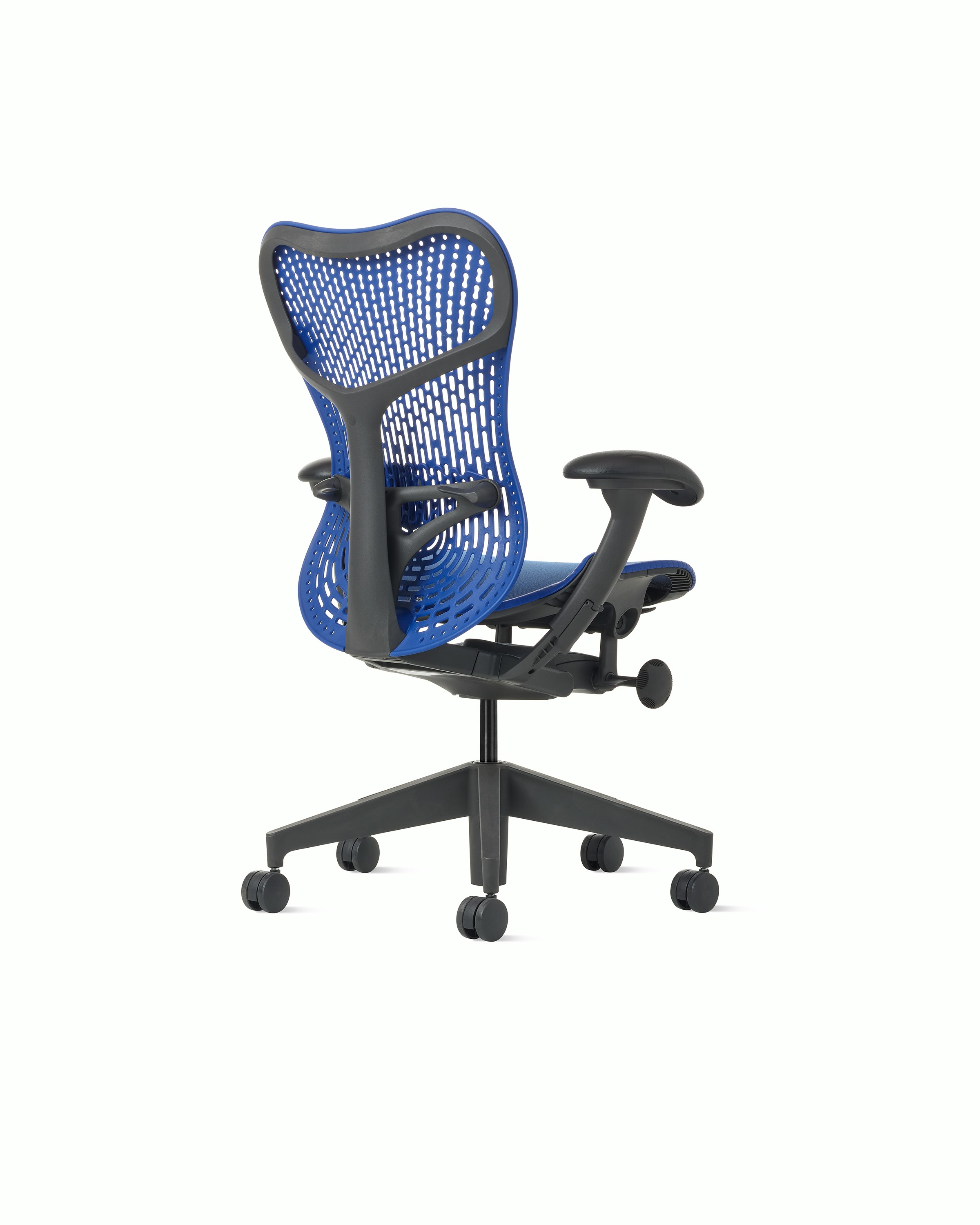 Rear angle view of a Mirra 2 chair with a Triflex back in ultramarine blue.