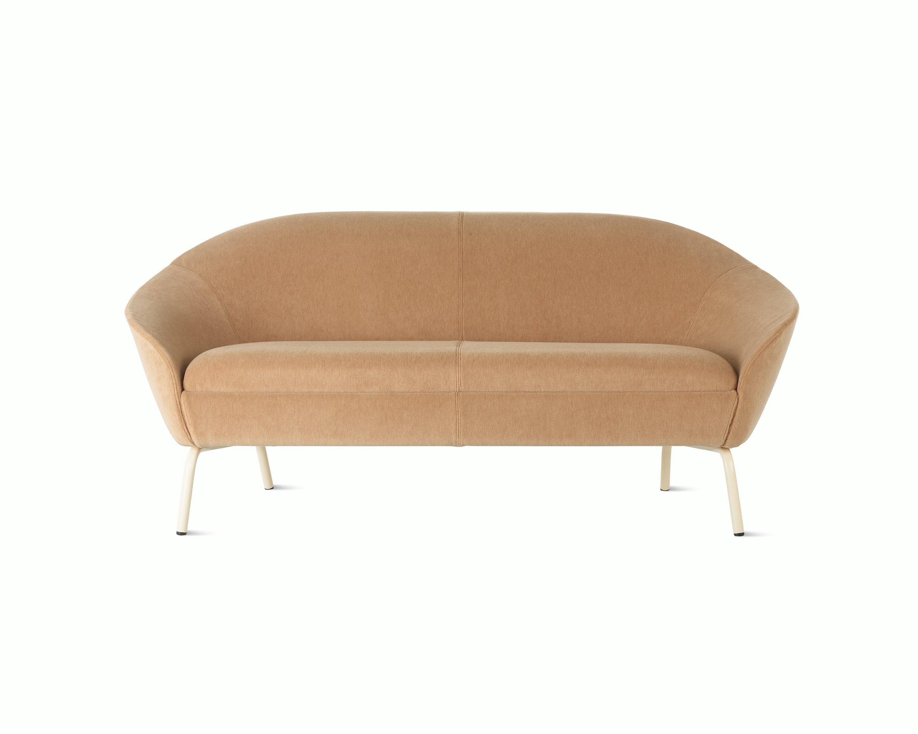 White sweep shot of peach upholstered Ever 2 seat sofa on oyster steel legs.