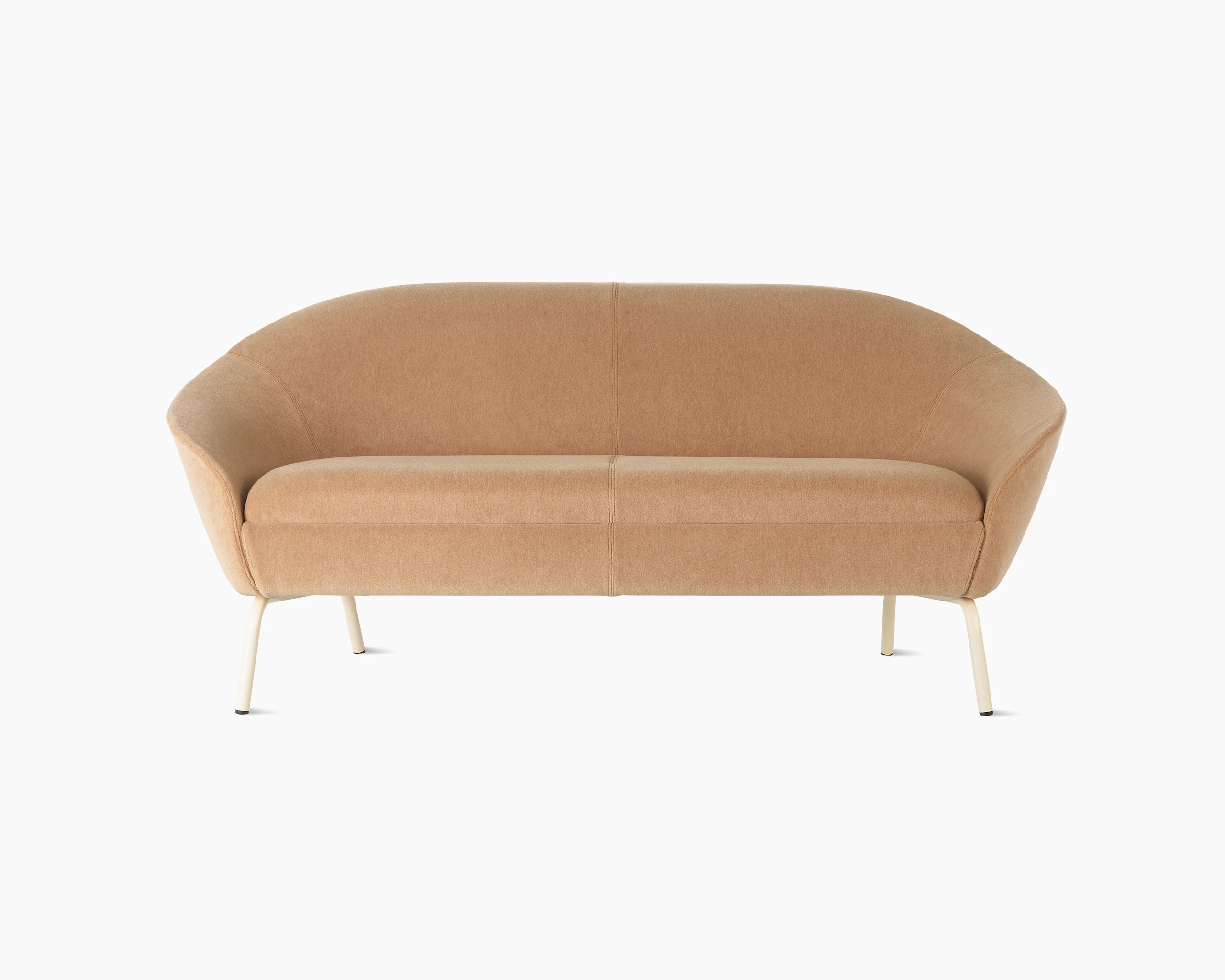 White sweep shot of peach upholstered Ever 2 seat sofa on oyster steel legs.