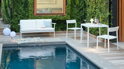 Eos Two Seater Sofa, Eos Square Dining Table and Eos Side Chair by the pool