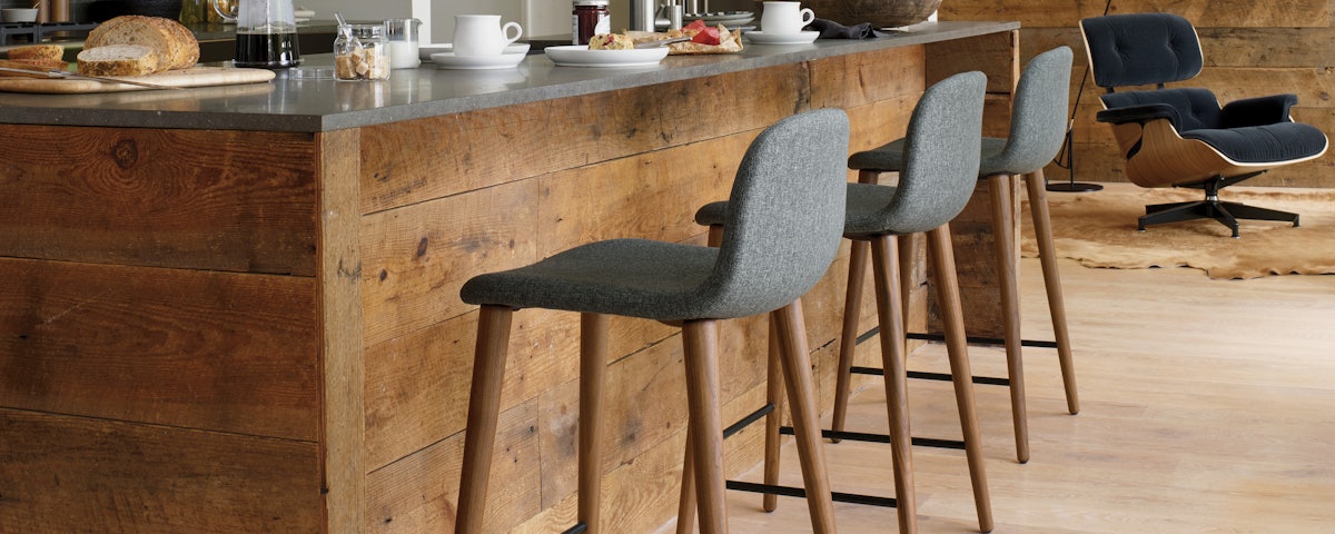 Three Bacco Counter Stools at a kitchen counter with breakfast items