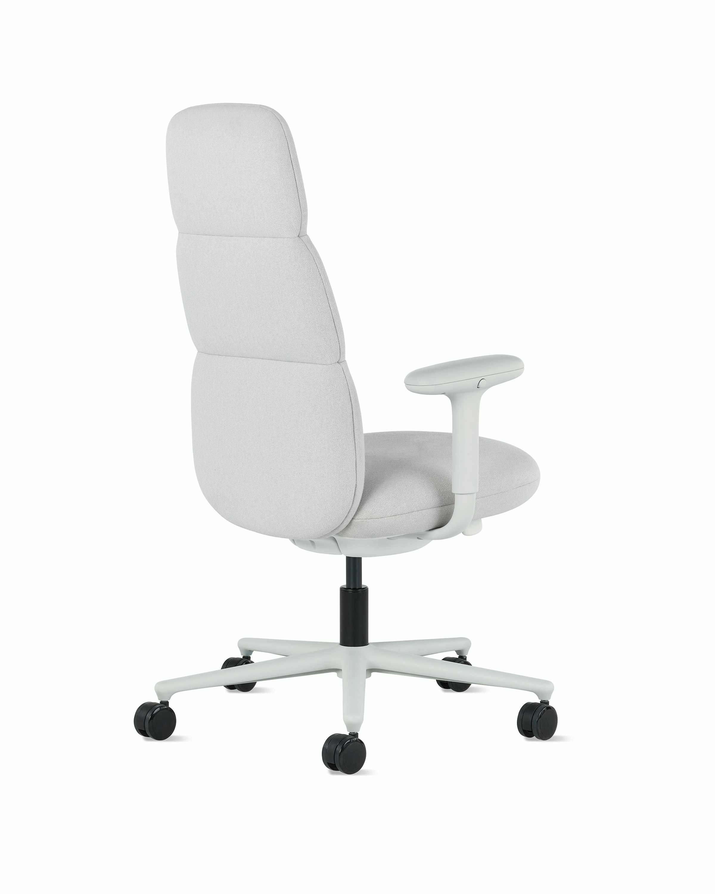 Rear angle view of a high-back Asari chair by Herman Miller in light grey with height adjustable arms.