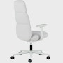 Rear angle view of a high-back Asari chair by Herman Miller in light grey with height adjustable arms.