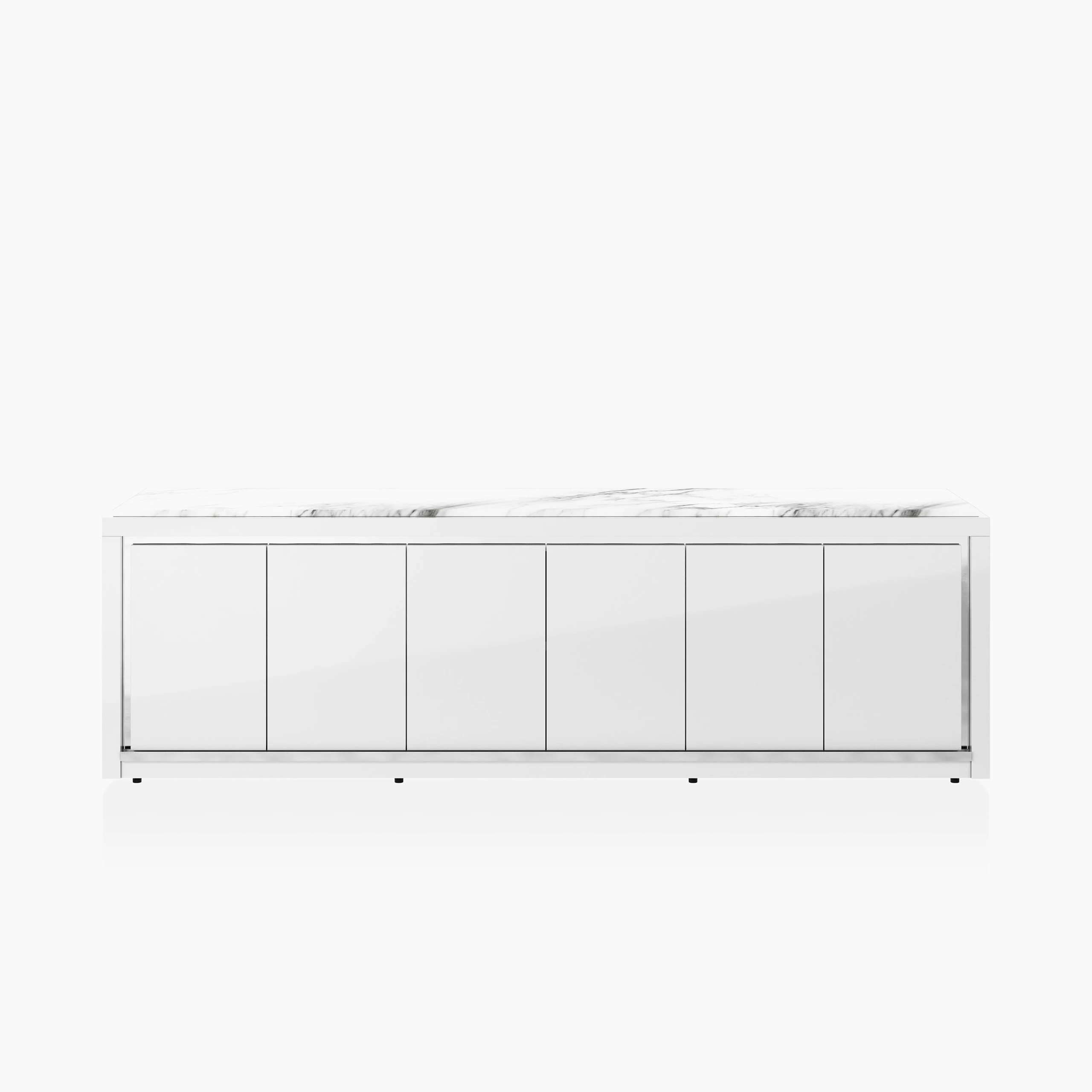 Highline Fifty Credenza in White Polyester with White Carrara Marble top and Polished Chrome Metal trim viewed from the front.