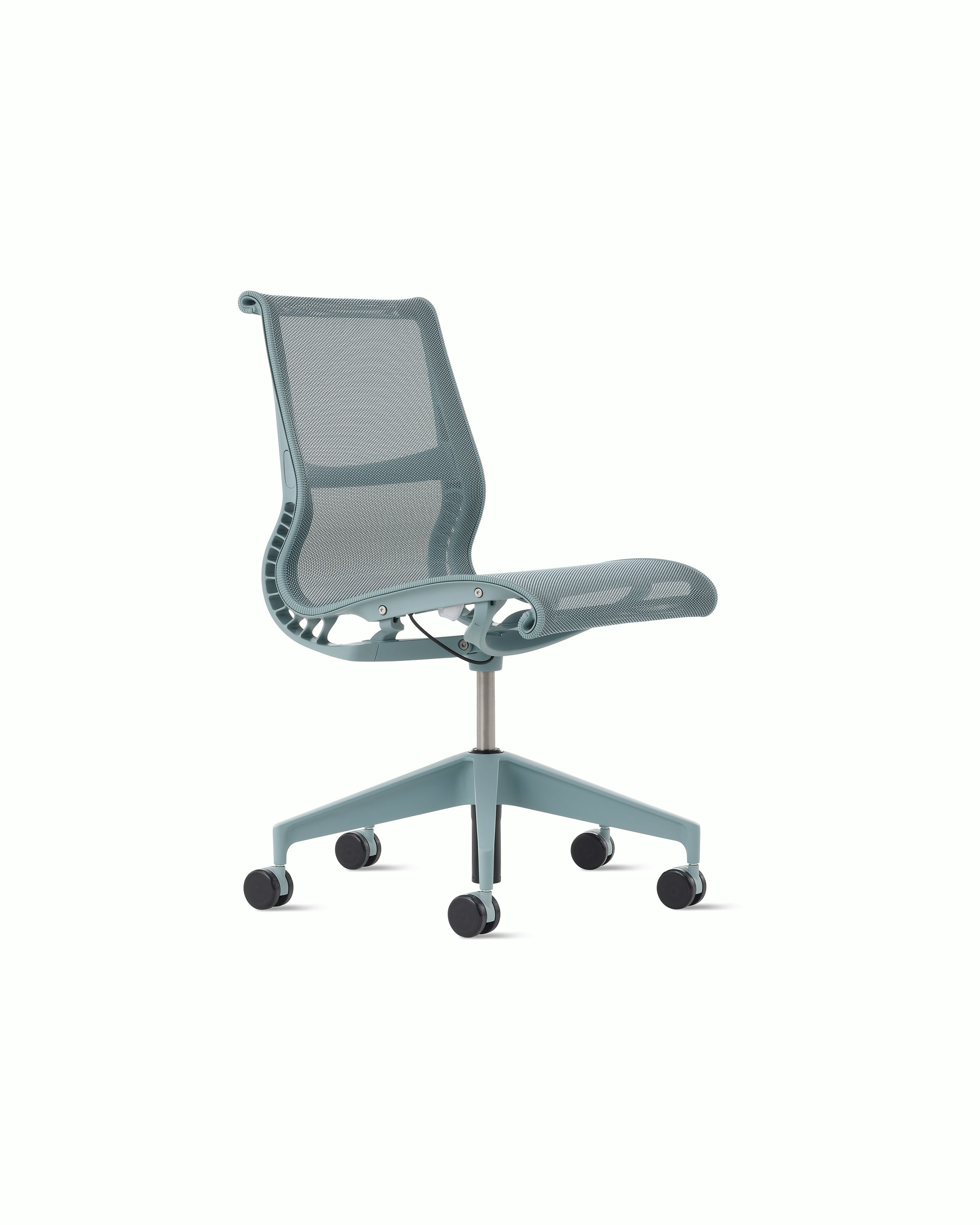 Front angle view of a Setu chair without arms in light blue.