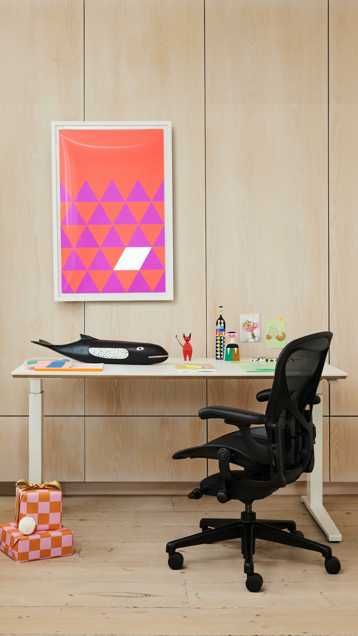 Eames Lounge Chair and Ottoman,  Renew Desk,  Aeron Chair,  Eames House Whale,  Nelson Pop Art Triangles Poster