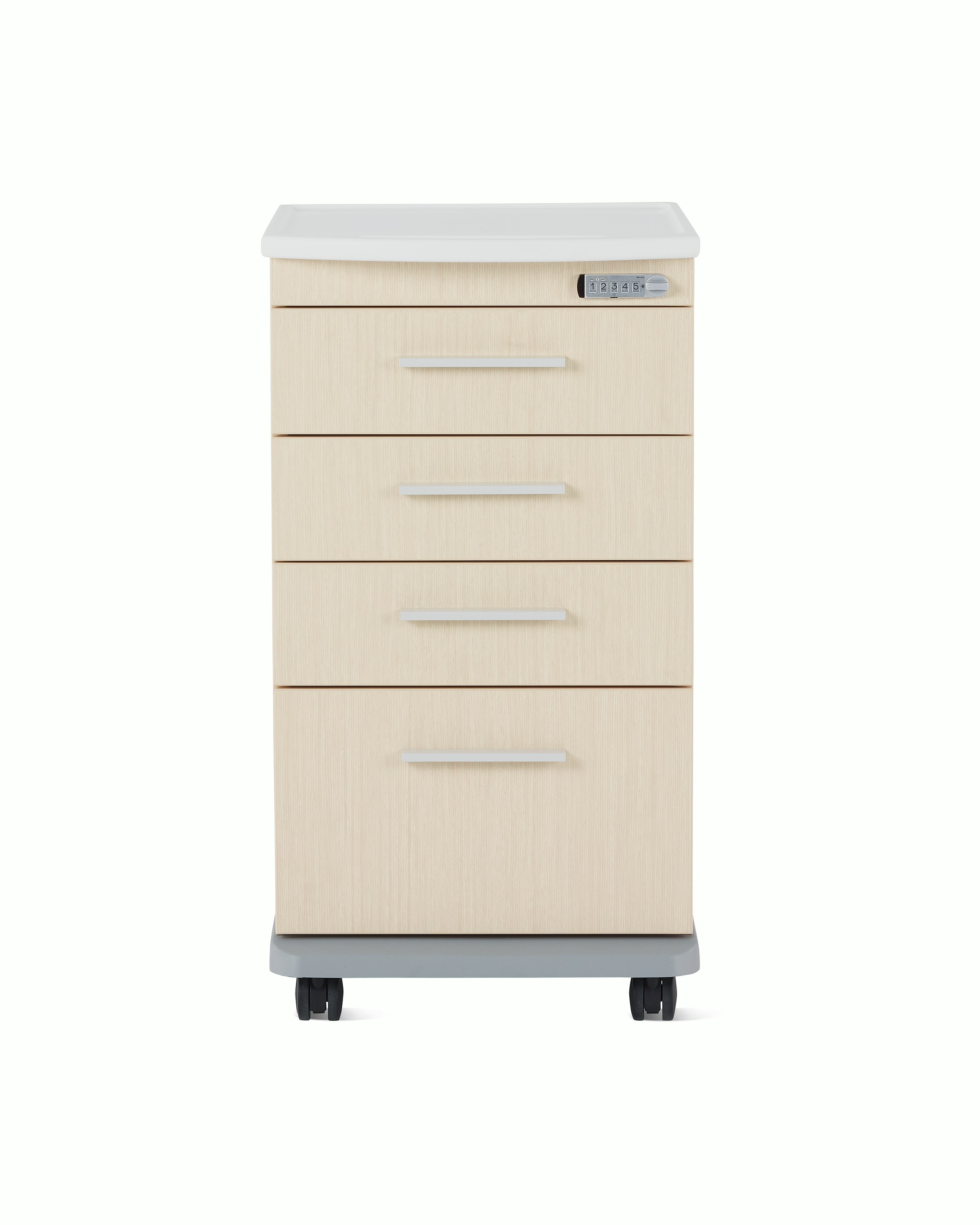 Front view of a Mora casework four-drawer supply cart in a light ash finish and a white solid surface top.