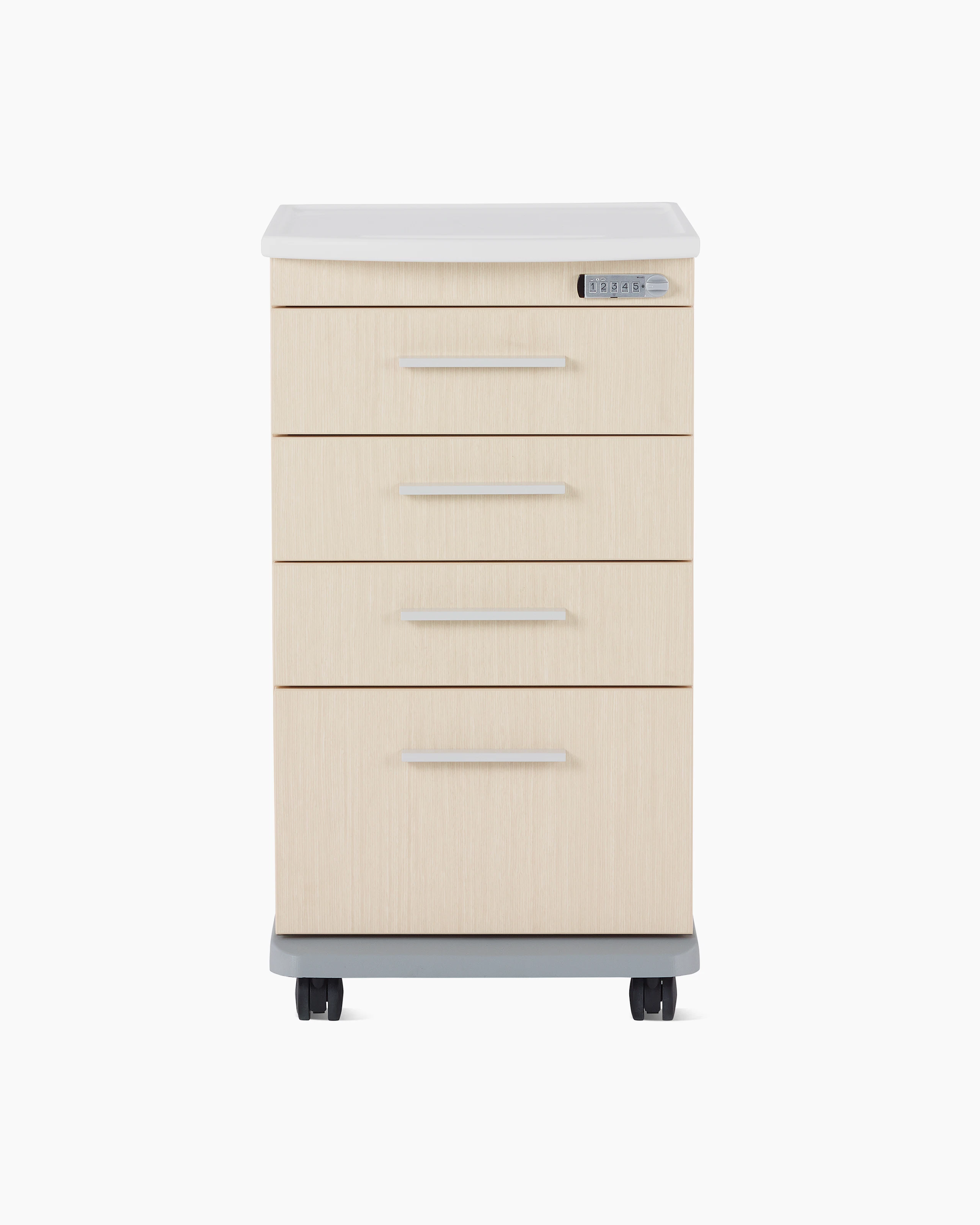Front view of a Mora casework four-drawer supply cart in a light ash finish and a white solid surface top.