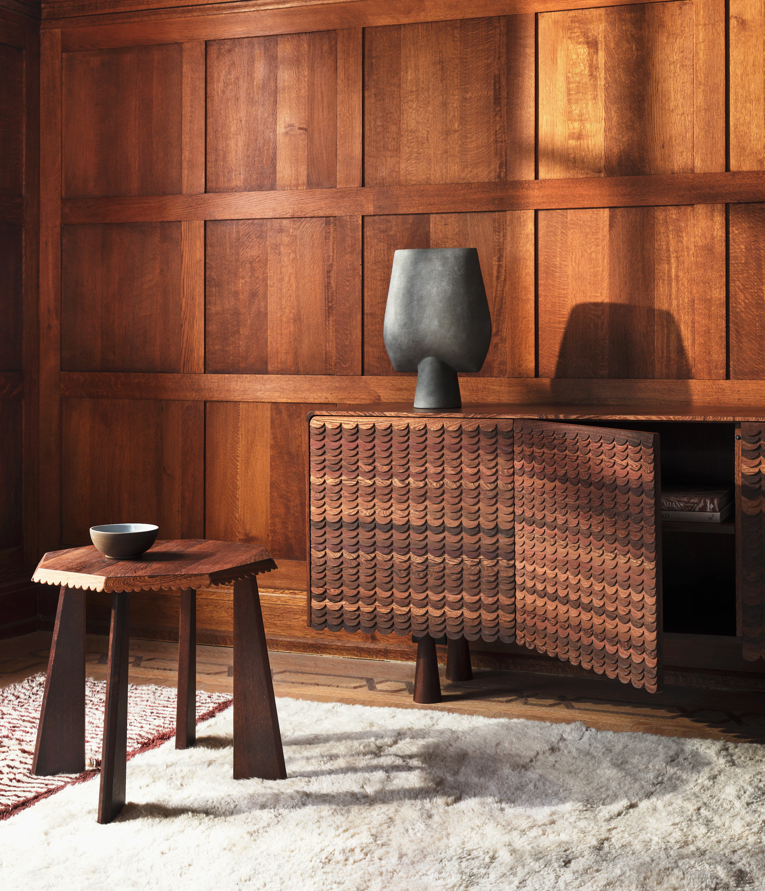 Lesire Credenza and Side Table in Panga Panga Wood