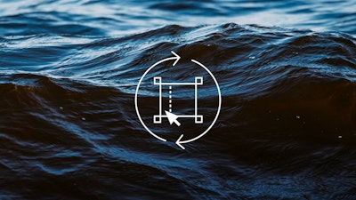 A white line drawing that represents designing out waste, overlaying a background of ocean water.