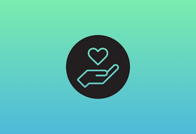 A black icon of a hand holding a heart, overlaying a blue gradient background.