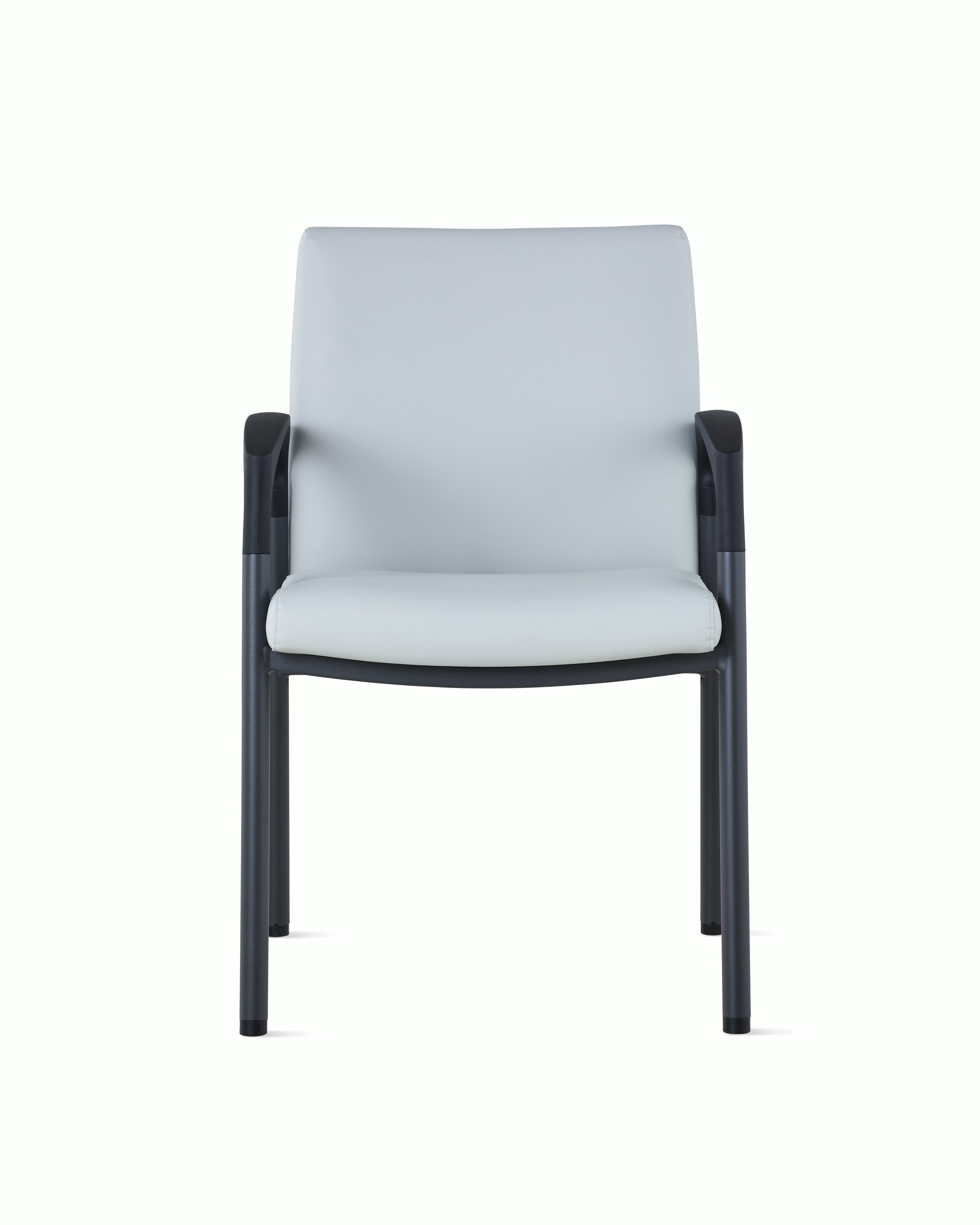Front view of Valor Side Chair in a light gray upholstery on the back and seat and a black metal frame.