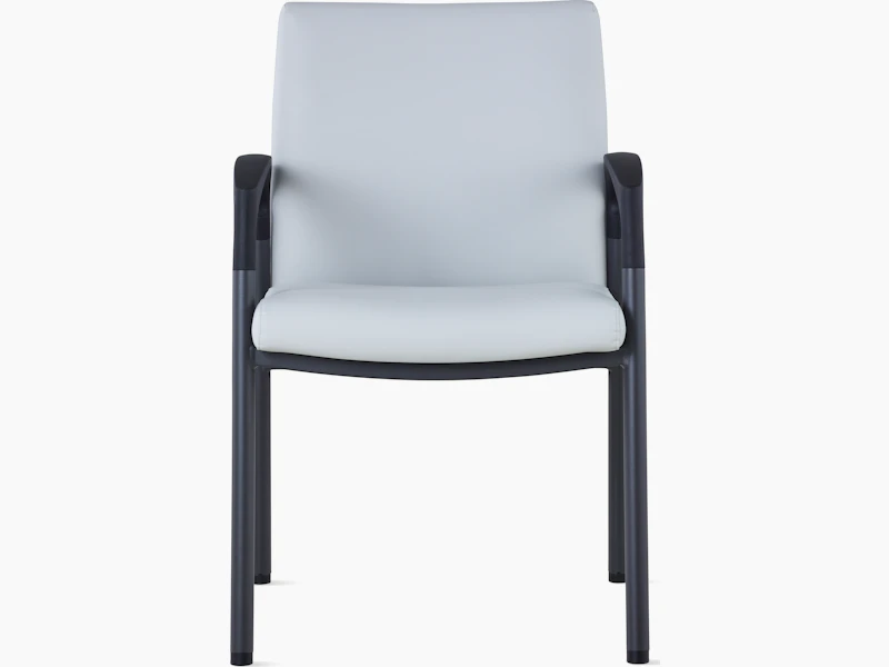 Front view of Valor Side Chair in a light gray upholstery on the back and seat and a black metal frame.