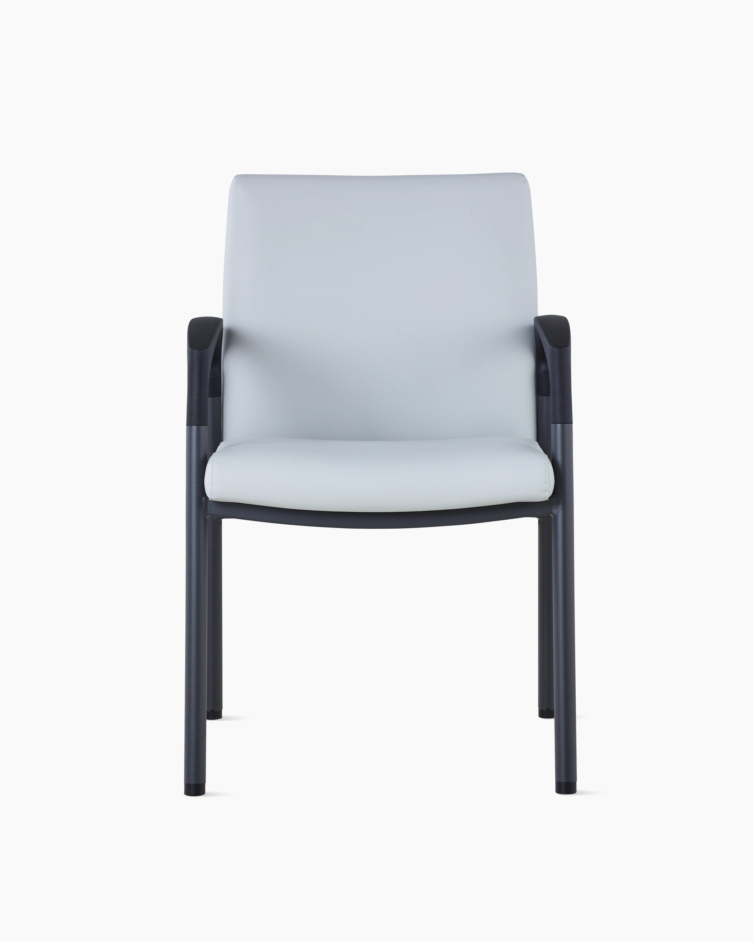 Front view of Valor Side Chair in a light gray upholstery on the back and seat and a black metal frame.