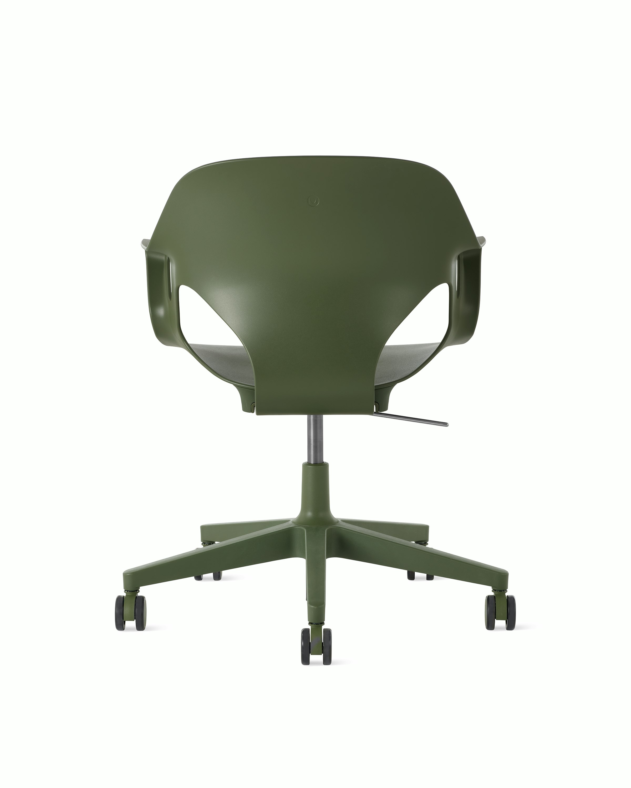 Rear view of a Zeph chair with fixed arms in olive.