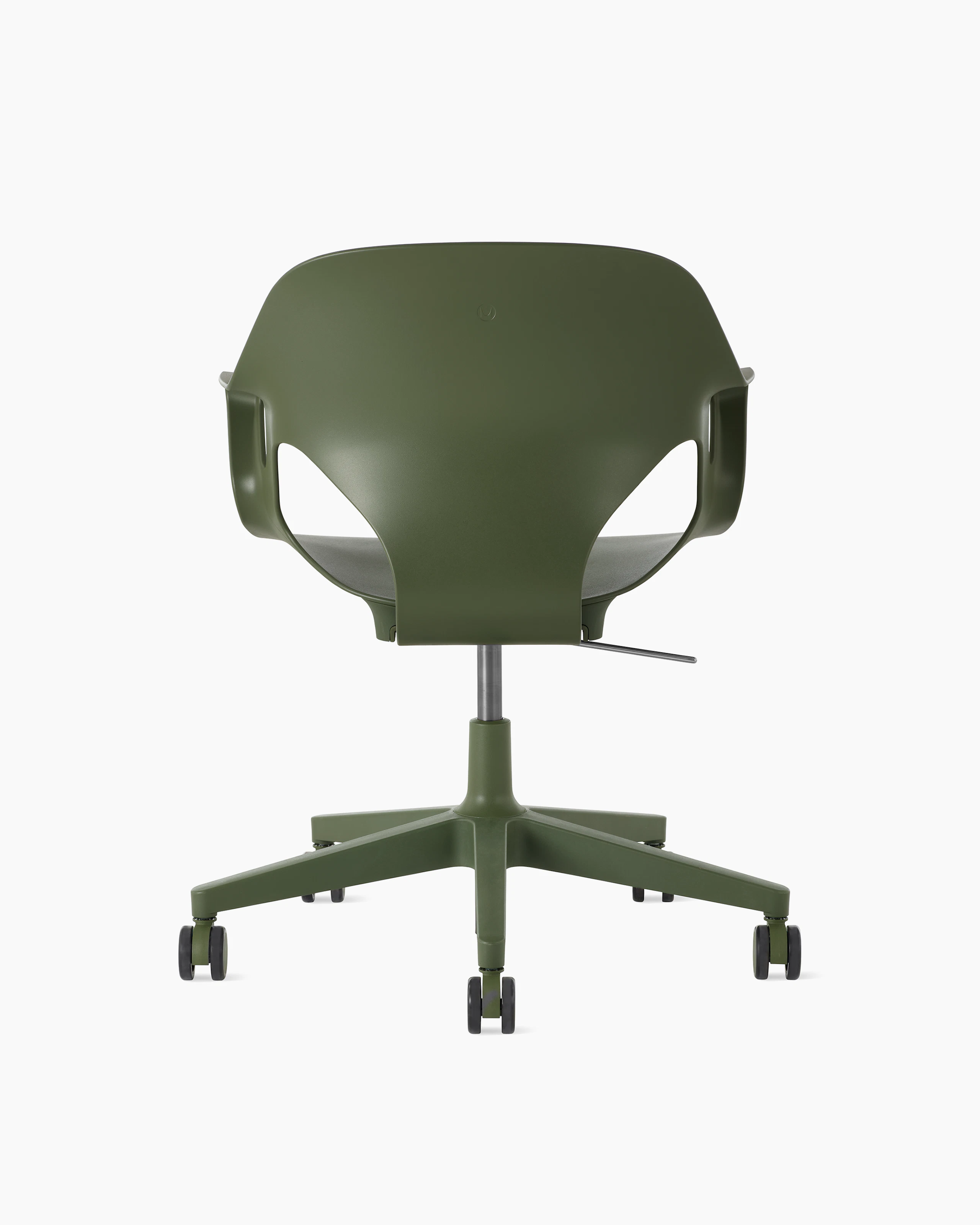 Rear view of a Zeph chair with fixed arms in olive.