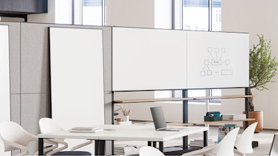 A forum space furnished with Herman Miller OE1 Agile Walls and Fuld Nesting Chairs used to adapt spaces to help support flexibility in a community setting
